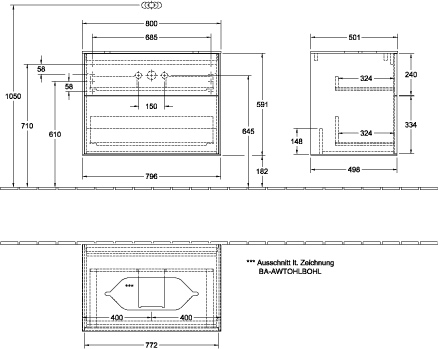 Villeroy & Boch Waschtischunterschrank „Finion“ für Schrankwaschtisch 80 × 60,3 × 50,1 cm 2 Schubladen, für Waschtischposition mittig in mittig