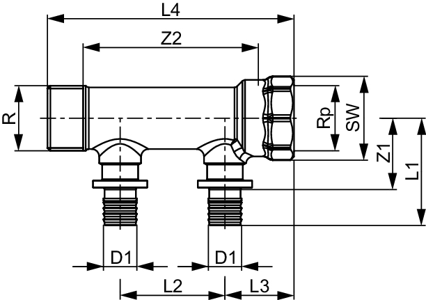 TECEflex Verteiler 2-fach Dimension 16 × 3/4", Siliziumbronze