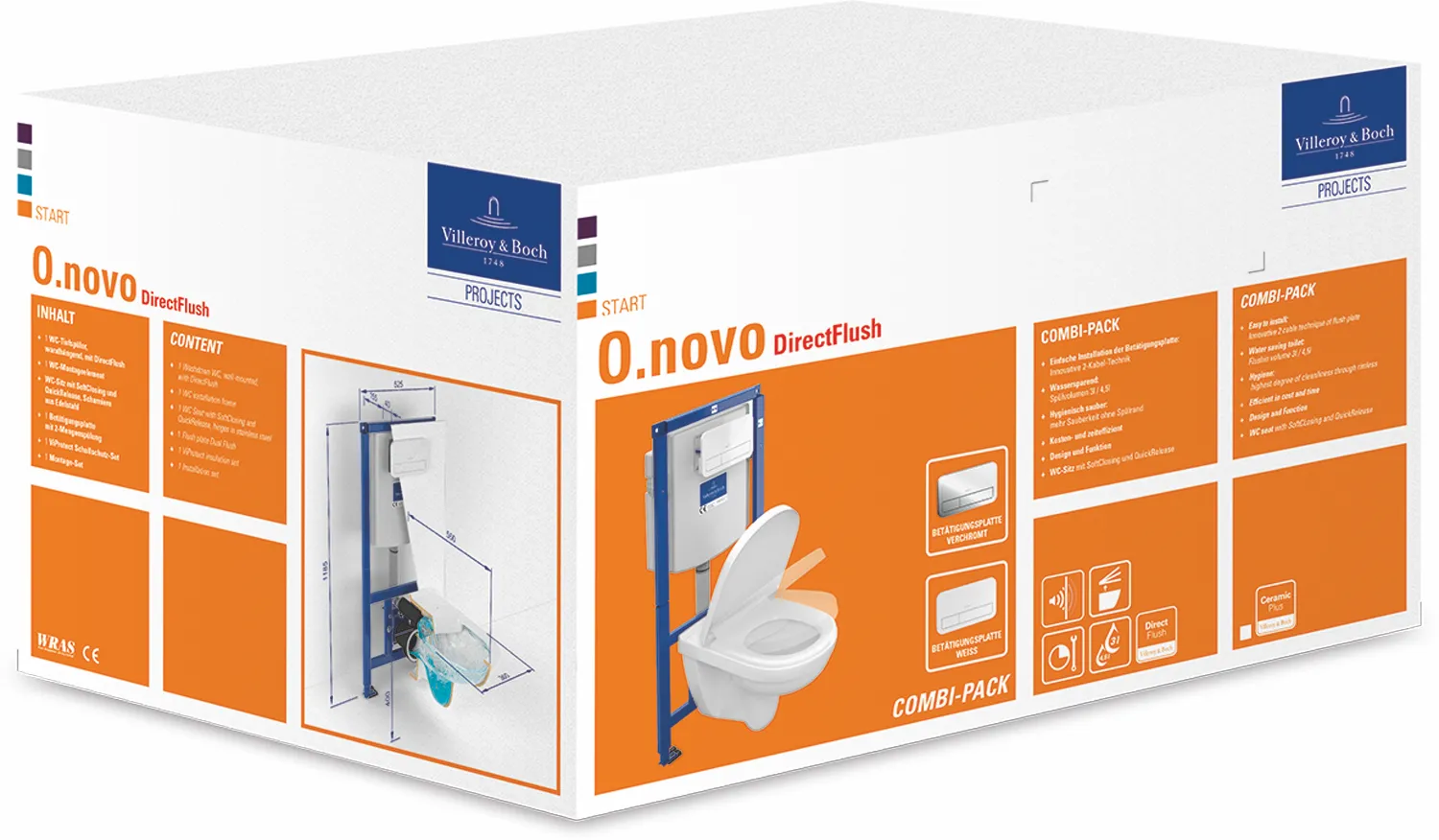 WC mit WC-Sitz, Vorwandelement und Betätigungsplatte (Combi-Pack) O.novo 5660D3, 360 x 560 x 350 mm, Oval, wandhängend, Abgang waagerecht, Weiß Alpin
