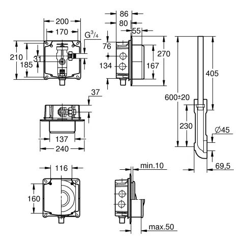 Druckspüler für WC 37157, DN 20, Wandeinbau, Vorabsperrung, 6 - 14 l einstellbar, für Niederdruck Druckspüler für WC 37157, DN 20, Wandeinbau, Vorabsperrung, 6 - 14 l einstellbar, für Niederdruck