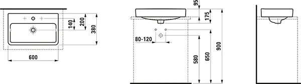 Waschtisch-Schale PRO S 380x600x175 1 Hahnloch mit Überlauf mit Hahnlochbank weiß