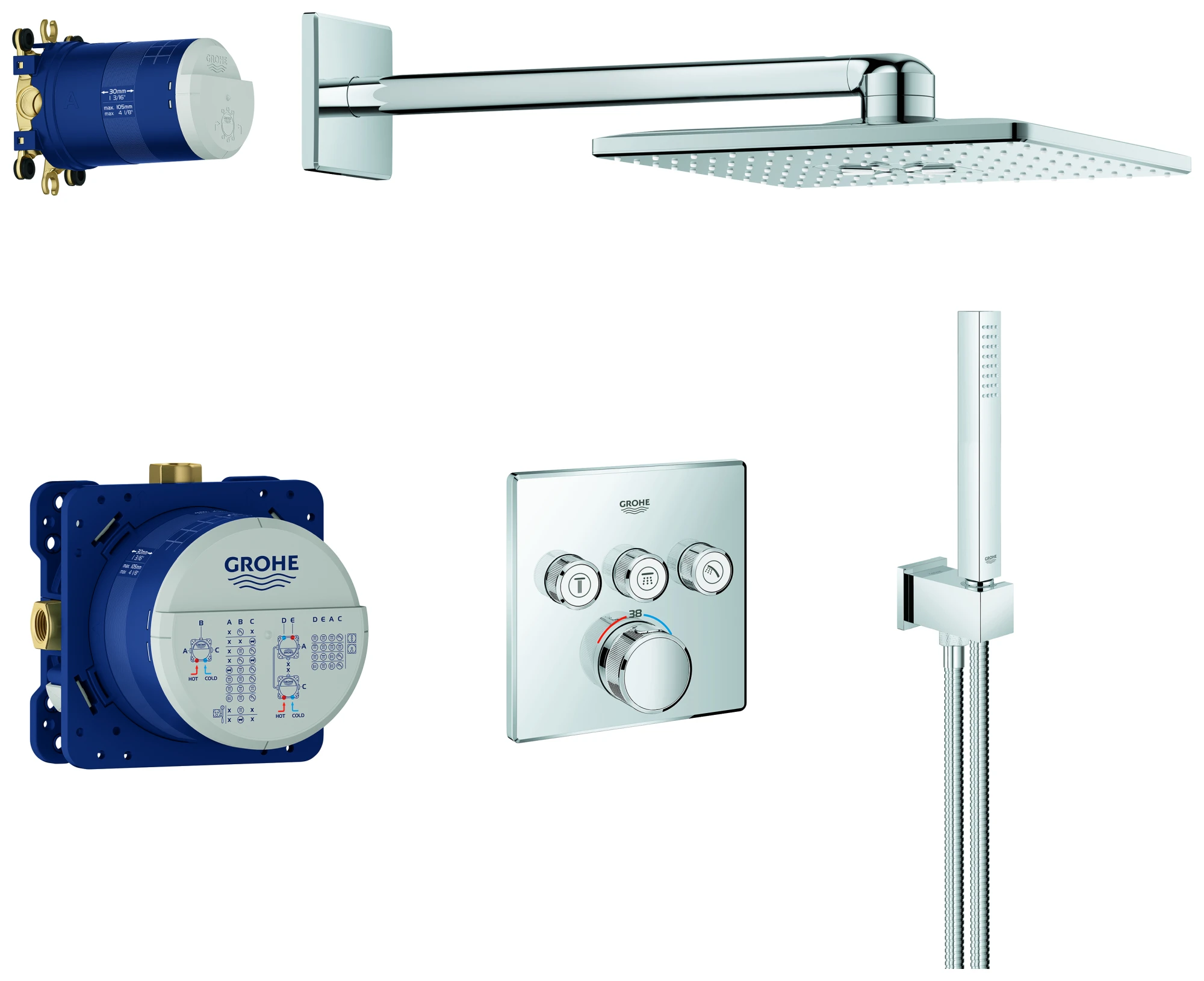 Unterputz-Duschsystem Grohtherm SmartControl 34804, mit Grohtherm SmartControl Fertigmontageset, Kopfbrause-Set Rainshower SmartActive 310 Cube mit Rohbauset, Rapido SmartBox, Euphoria Cube Handbrauseset, chrom