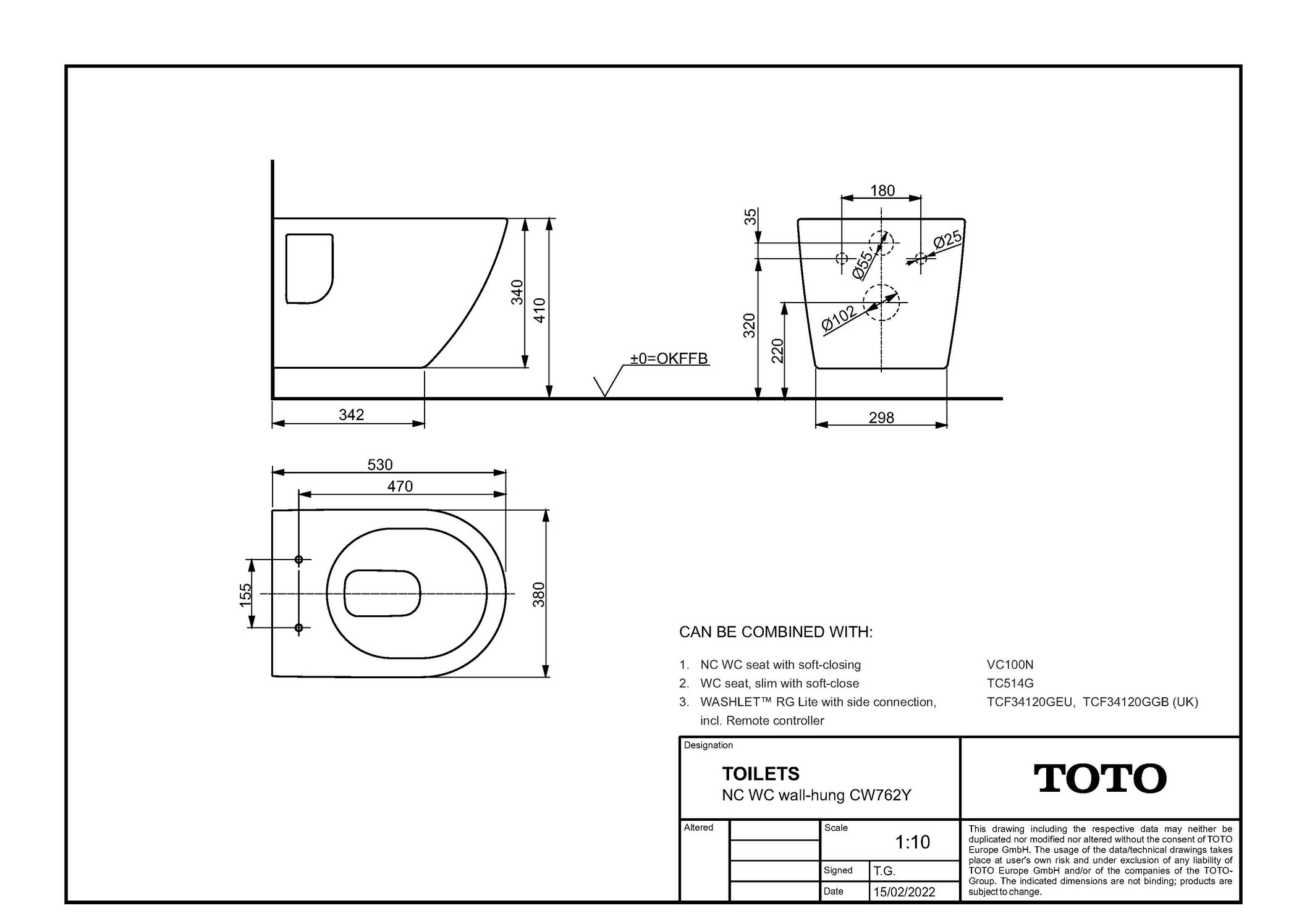 Toto Wand-Tiefspül-WC randlos „NC“ 380 × 340 × 530 mm in weiß Toto Wand-Tiefspül-WC randlos „NC“ 380 × 340 × 530 mm in weiß