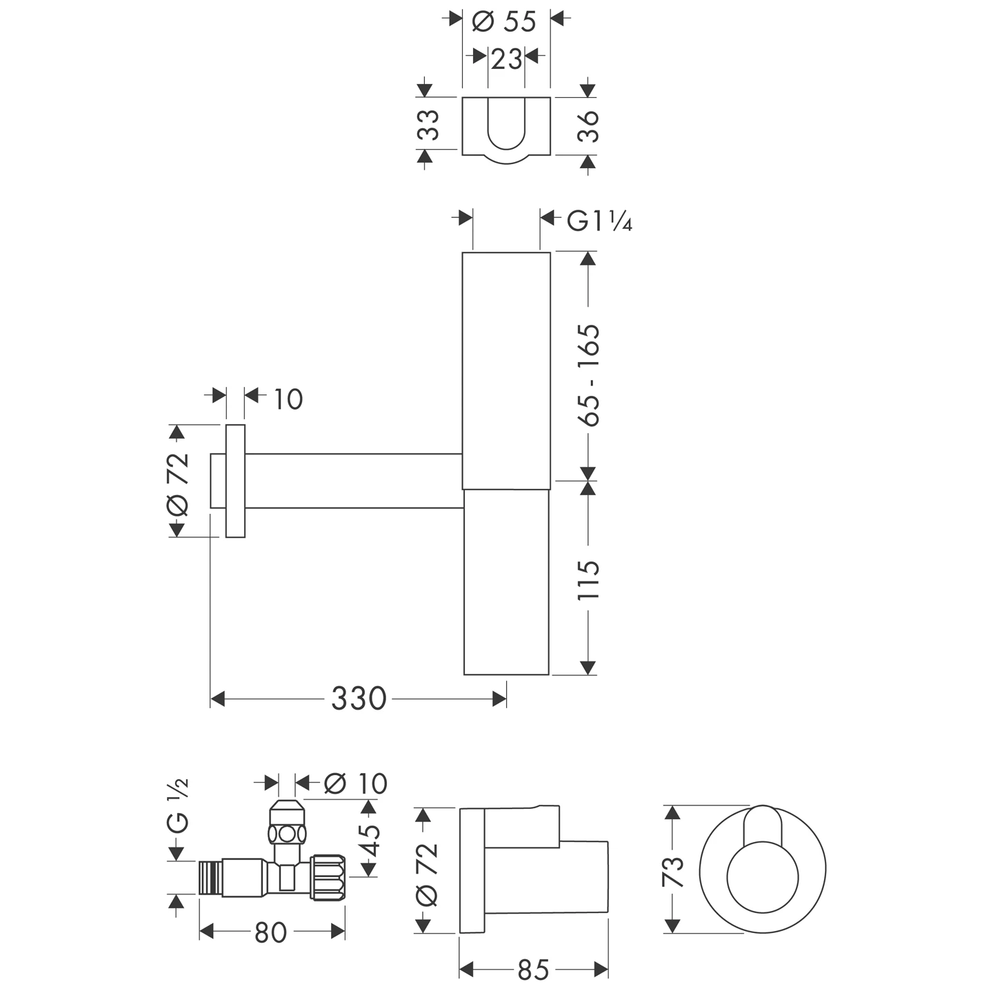 Design Siphon Set Flowstar Axor chrom mit zwei Eckventilen und Schubern