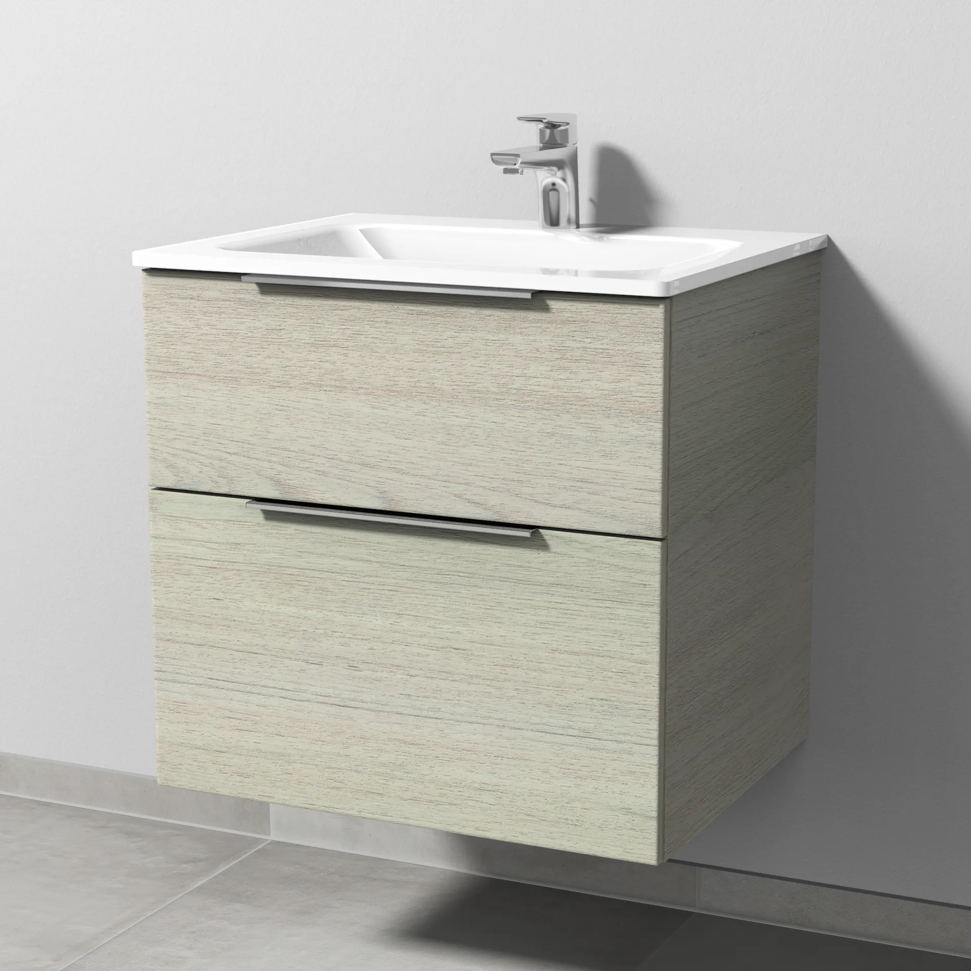 Glas-Waschtisch-Set mit Waschtischunterschrank „3way“ 60 × 48,7 × 58,2 cm in White Oak, mit Hahnlochbohrung