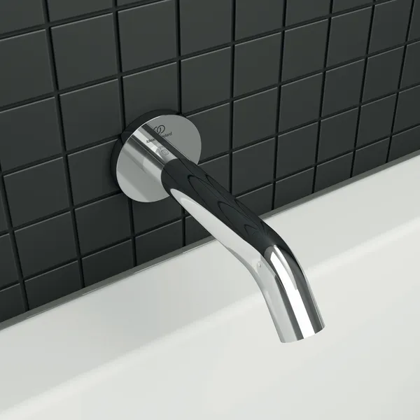 Wandauslauf Joy, Ausladung 160mm, mit runder Rosette, Brushed Gold Wandauslauf Joy, Ausladung 160mm, mit runder Rosette, Brushed Gold