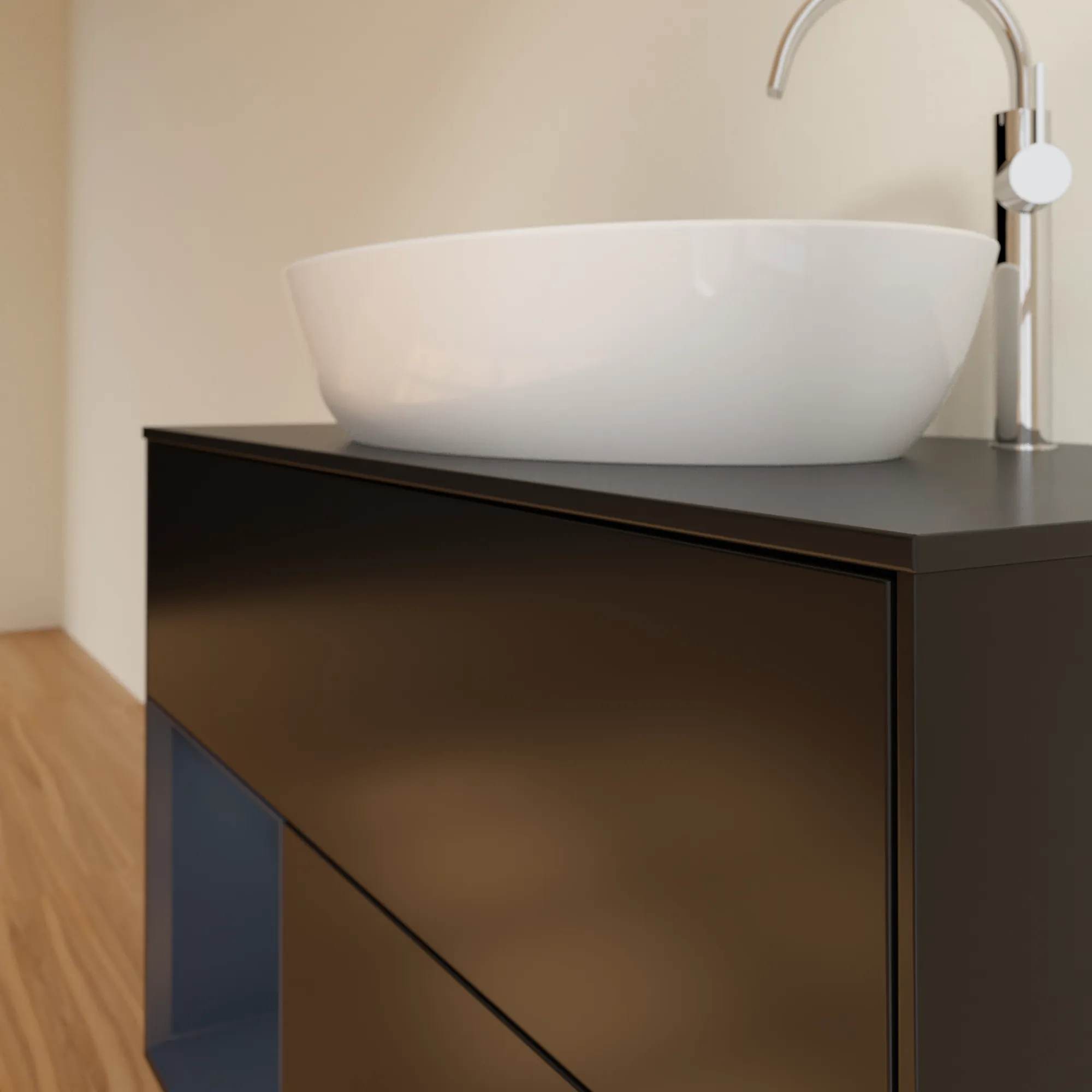 Villeroy & Boch Waschbeckenunterschrank Finion F89, 1000x603x501 mm, Black Matt Lacquer mit Midnight Blue Regal, Beleuchtung dimmbar, SoftClosing, Push-to-open, 2 Auszüge