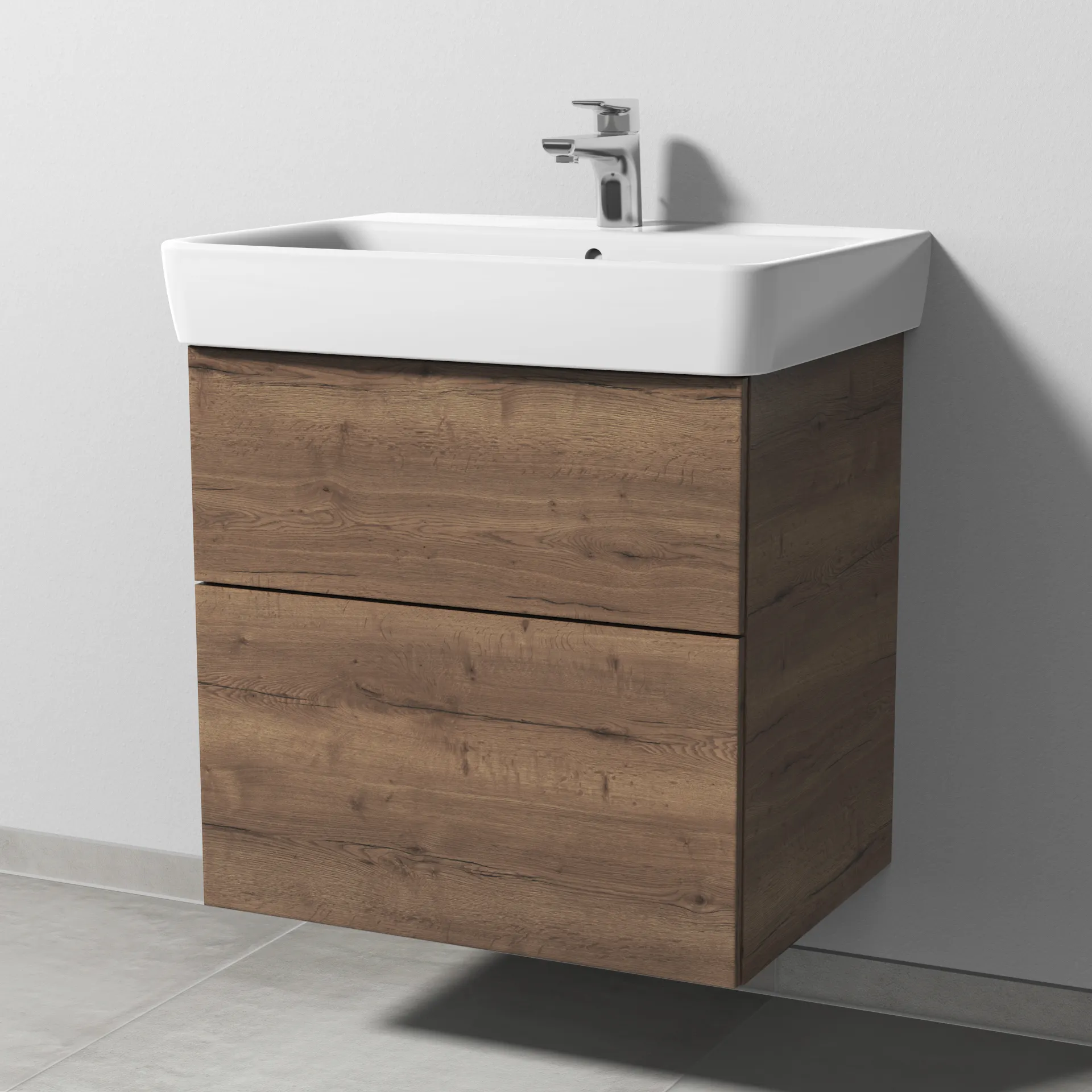 Sanipa Waschtischunterschrank „3way“ passend zu Keramik-Waschtische Renova Plan von Geberit 590 × 588 × 407 mm in Eiche Tabak, Becken mittig