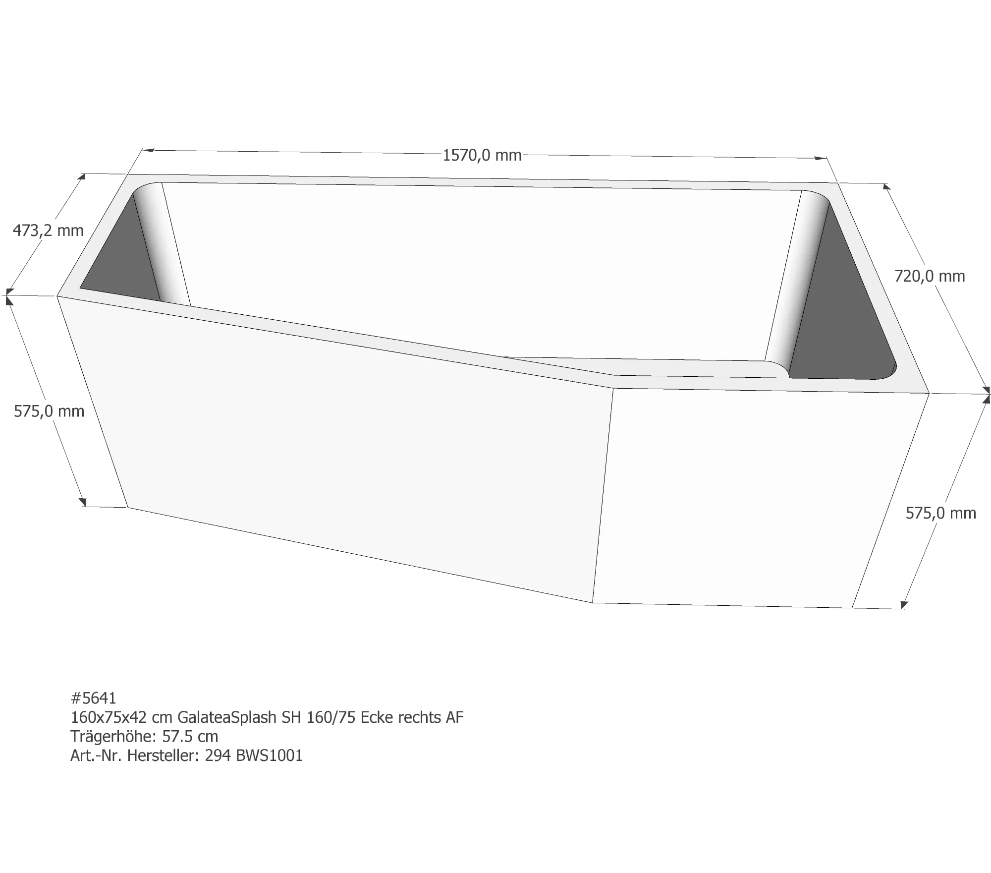 Badewannenträger passend für Galatea SH 160/75 Ecke rechts 160 × 75 × 42 cm
