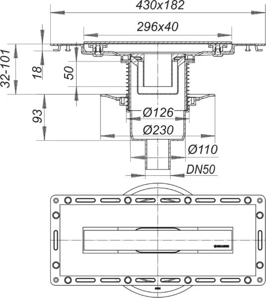 Duschrinne TistoLine senkr. Abdeck. Design 300 mm, DN 50