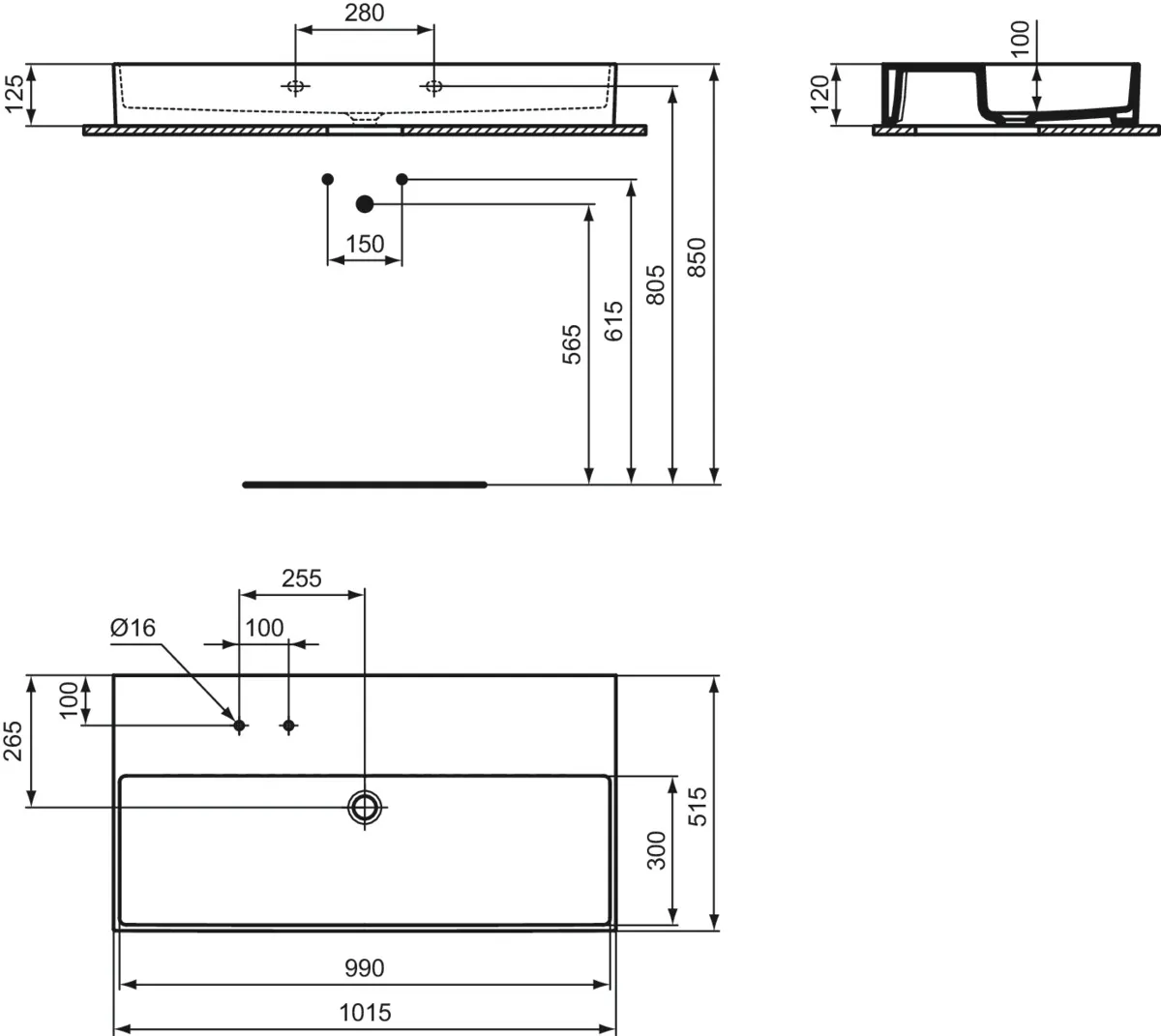 Waschbecken „Solos“ 101,5 × 51,5 × 12,5 cm, Hahnlochposition links in Weiß Waschbecken „Solos“ 101,5 × 51,5 × 12,5 cm, Hahnlochposition links in Weiß