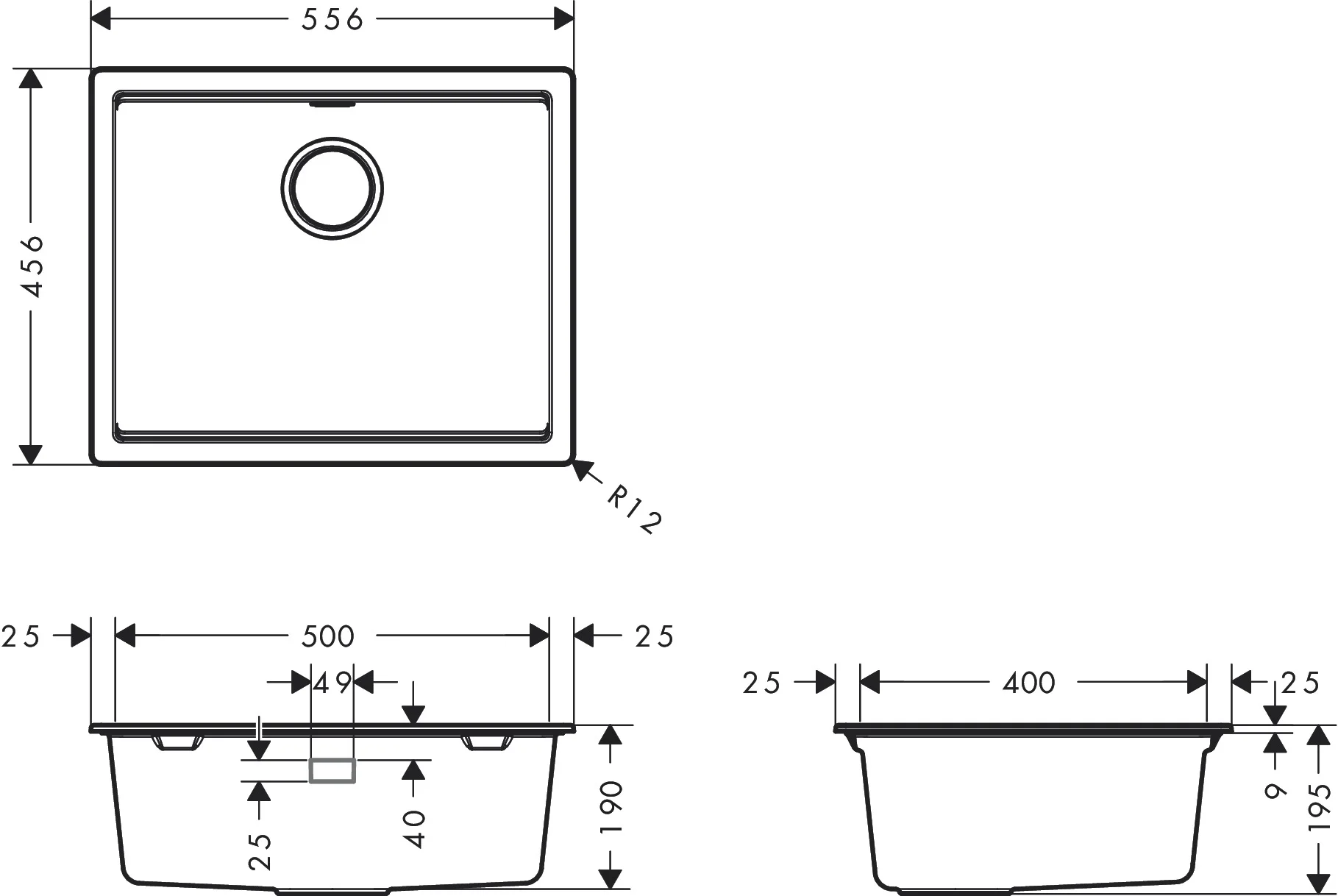 Hansgrohe Unterbauspüle S53 Serie, SilicaTec, Graphitschwarz, 536 x 436 mm, Beckentiefe 190 mm, 1 Hauptbecken, ohne Hahnloch, für Unter- und Aufbau Hansgrohe Unterbauspüle S53 Serie, SilicaTec, Graphitschwarz, 536 x 436 mm, Beckentiefe 190 mm, 1 Hauptbecken, ohne Hahnloch, für Unter- und Aufbau