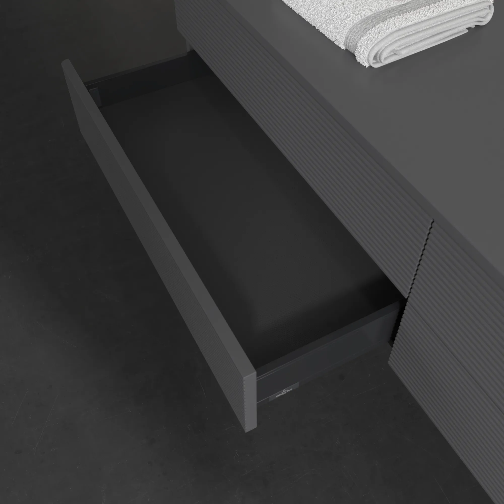 Villeroy & Boch Waschtischunterschrank „Antao“ 1600 × 360 × 500 mm Anthracite Matt Lacquer, für Becken rechts, ohne Beleuchtung Villeroy & Boch Waschtischunterschrank „Antao“ 1600 × 360 × 500 mm Anthracite Matt Lacquer, für Becken rechts, ohne Beleuchtung