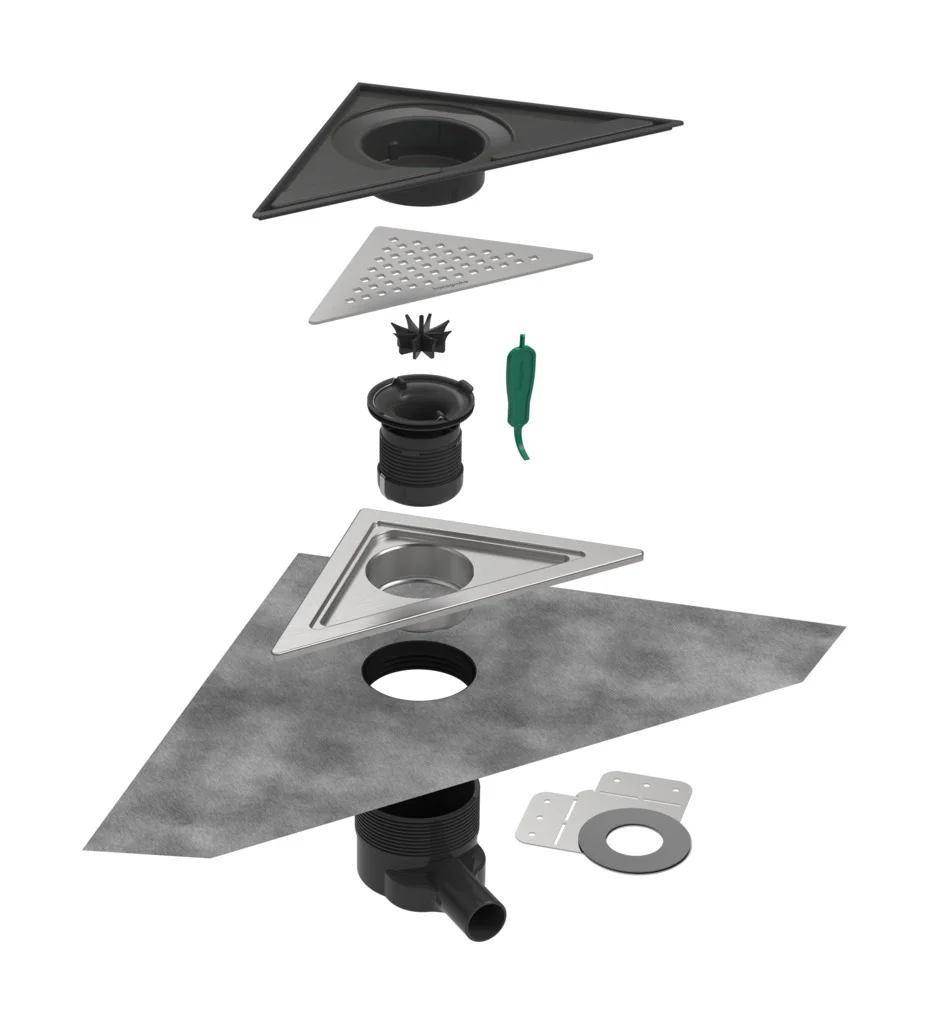 Hansgrohe RainDrain Corner Komplettset Punktablauf 240x240 mm Edelstahl V2A - rahmenloses Design, höhenverstellbar, bis zu 45 l/min Ablaufleistung