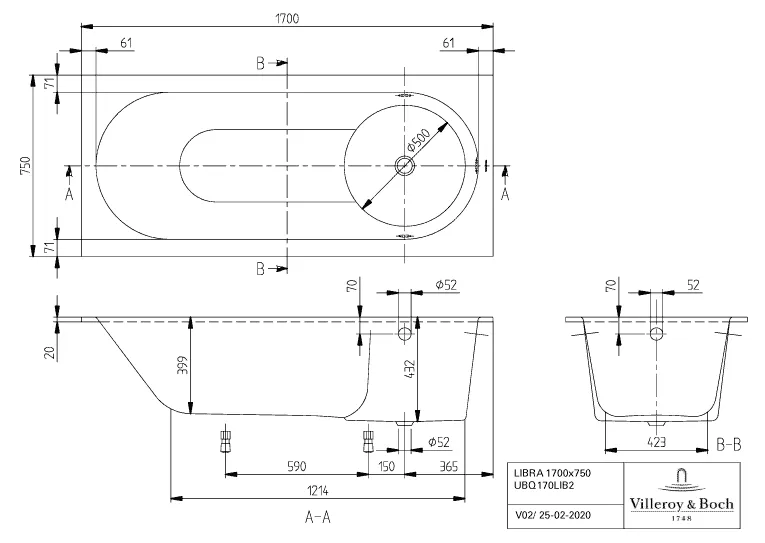 Villeroy & Boch Badewanne „Libra“ rechteck 170 × 75 cm, Fußablauf