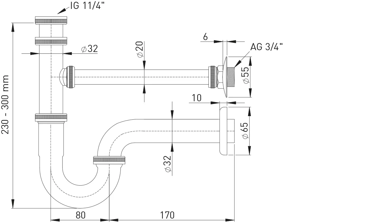 Röhrengeruchverschluss MS vc 1 1/4″ mit Leckwasser-Anschluss 3/4″