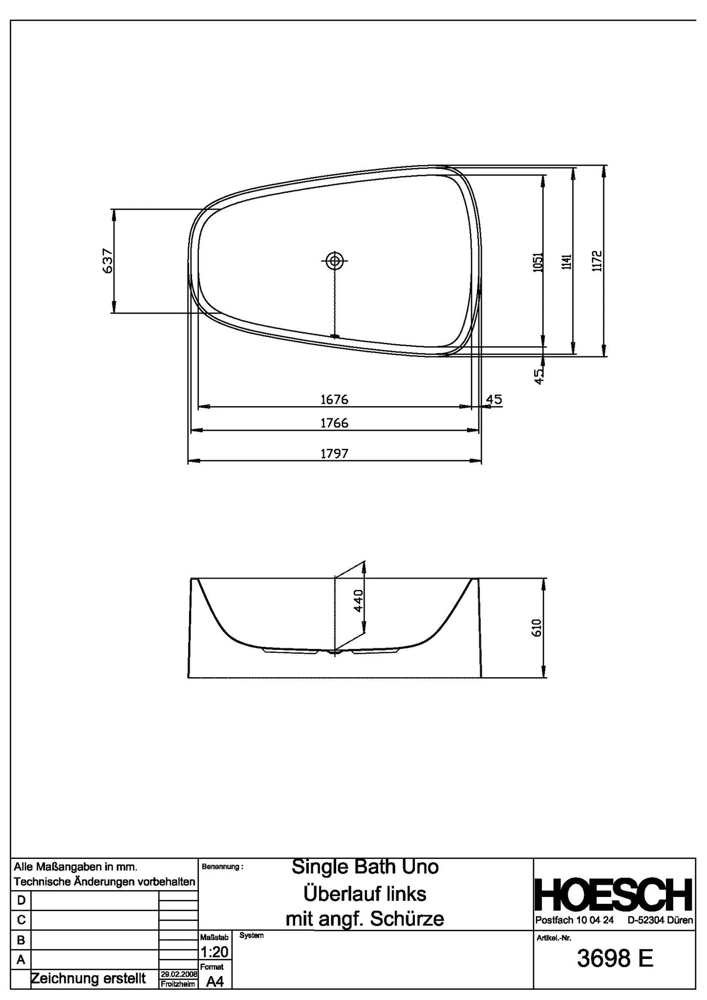 Hoesch Badewanne „Singlebath“ Duo, freistehend freistehend trapez 179,8 × 117,3 cm, links in Weiß