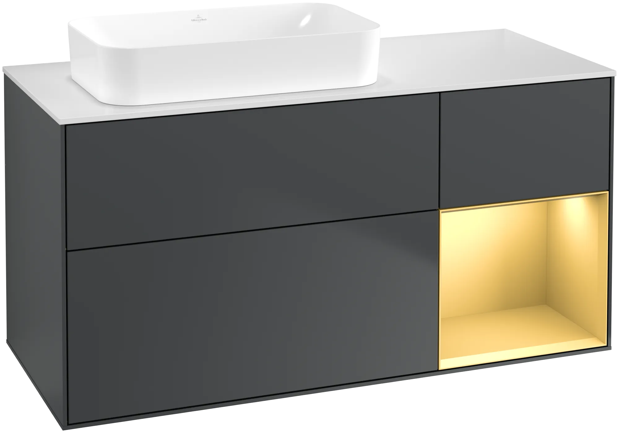 Villeroy & Boch Finion Waschbeckenunterschrank G69, 1200x603x501mm, Midnight Blue Matt Lacquer / Gold Matt Lacquer / Glass White Matt