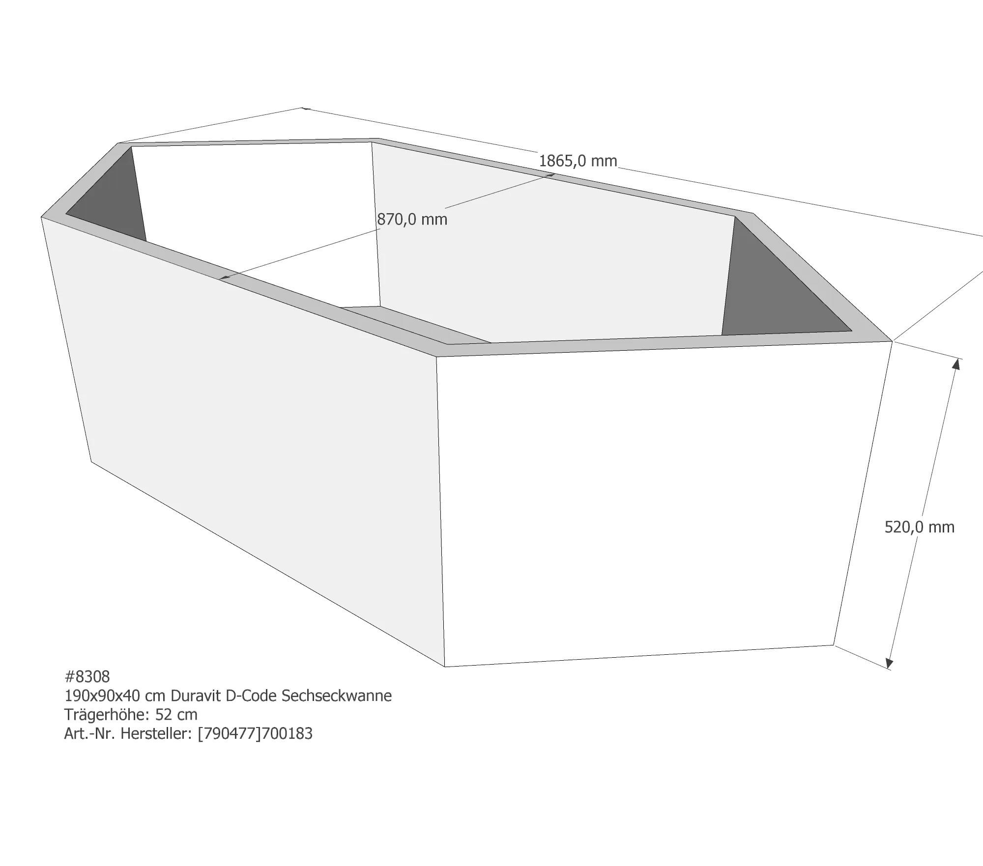 Badewannenträger für Duravit D-Code 190 × 90 × 40 cm Ablauf: Mittelablauf / Breite: 90 cm / Länge: 190 cm