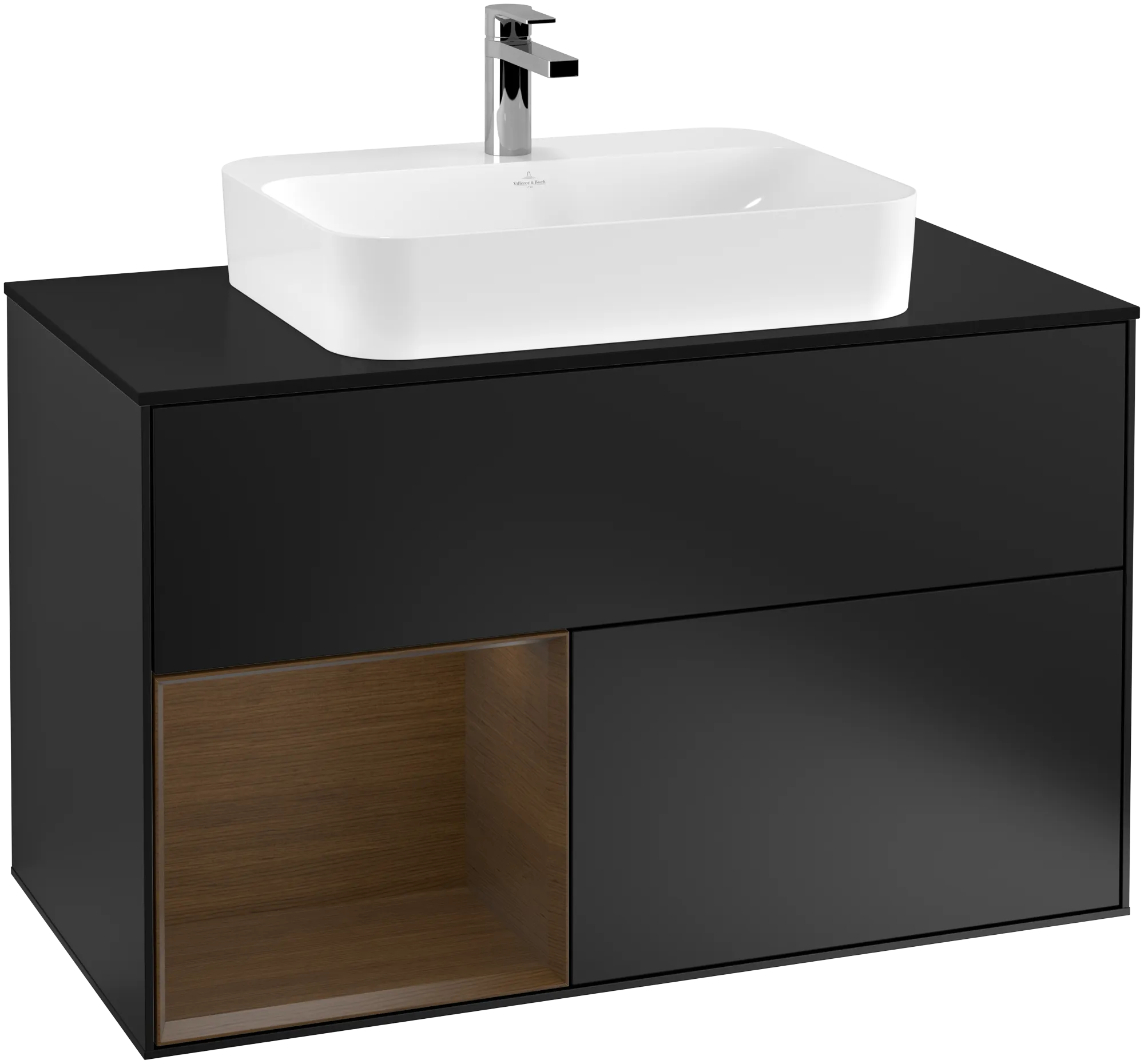 Villeroy & Boch Finion Waschbeckenunterschrank F36, 1000 x 603 x 501 mm, Black Matt Lacquer / Walnut Veneer / Glass Black Matt
