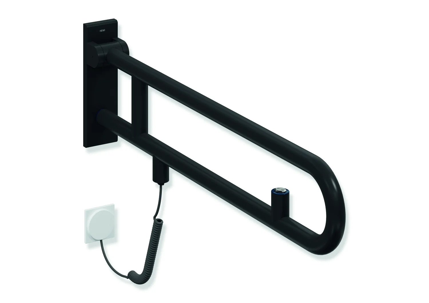 HEWI Stützklappgriff Serie 805 Classic, Edelstahl pulverbeschichtet DC (Schwarz tiefmatt), Ausladung 850 mm, Höhe 256 mm, Breite 75 mm, mit Spülauslösung E-Ausführung HEWI Stützklappgriff Serie 805 Classic, Edelstahl pulverbeschichtet DC (Schwarz tiefmatt), Ausladung 850 mm, Höhe 256 mm, Breite 75 mm, mit Spülauslösung E-Ausführung