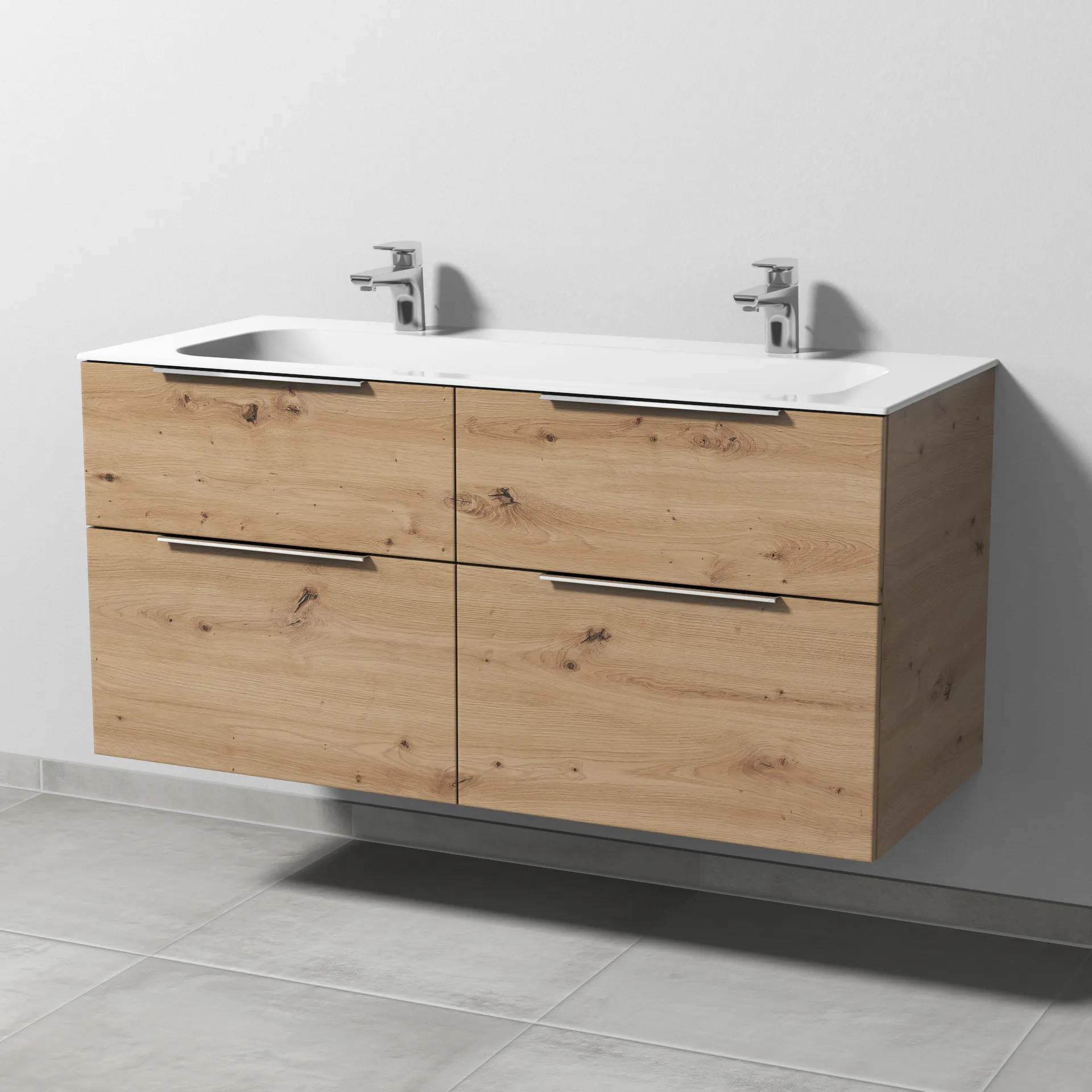 Keramik-Waschtisch-Set mit Waschtischunterschrank „3way“ 119 × 49,7 × 58,2 cm in Eiche Natural-Touch, mit Hahnlochbohrung, Becken mittig