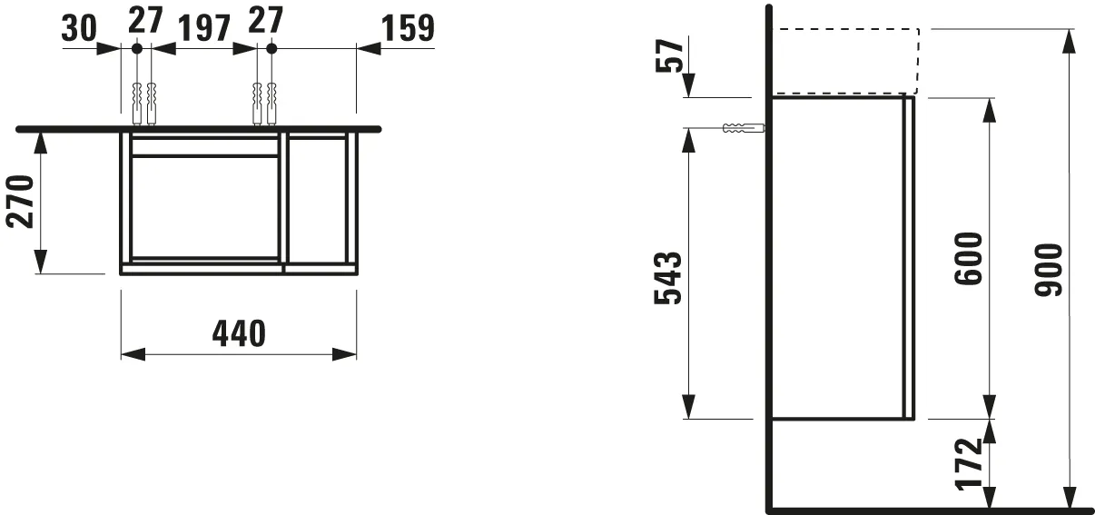 Laufen Waschtischunterbau „Kartell“ 270 × 600 × 440 mm Graublau, Anschlag links