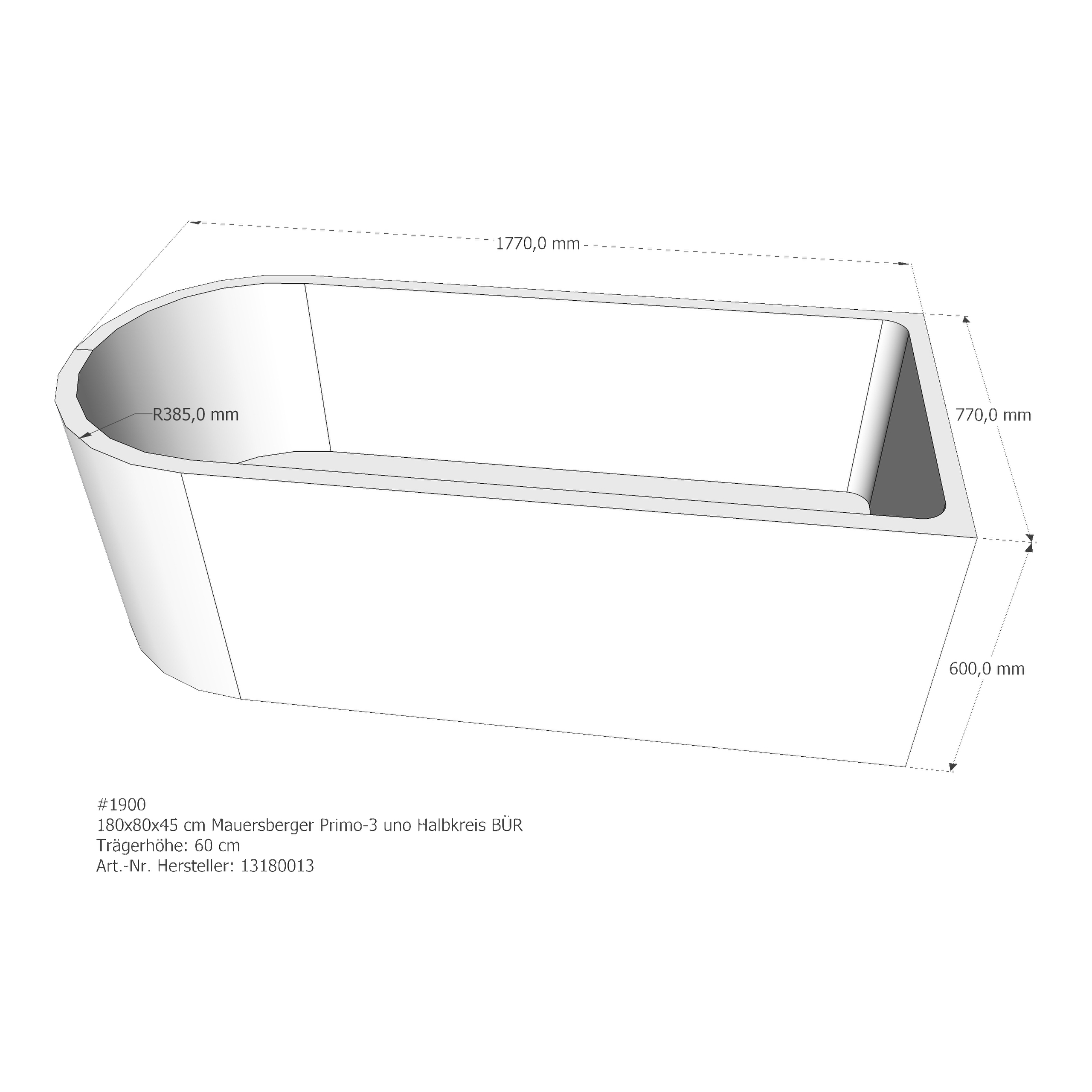 Wannenträger Mauersberger Primo 3 uno 180x80x45 cm Halbkreis BÜR