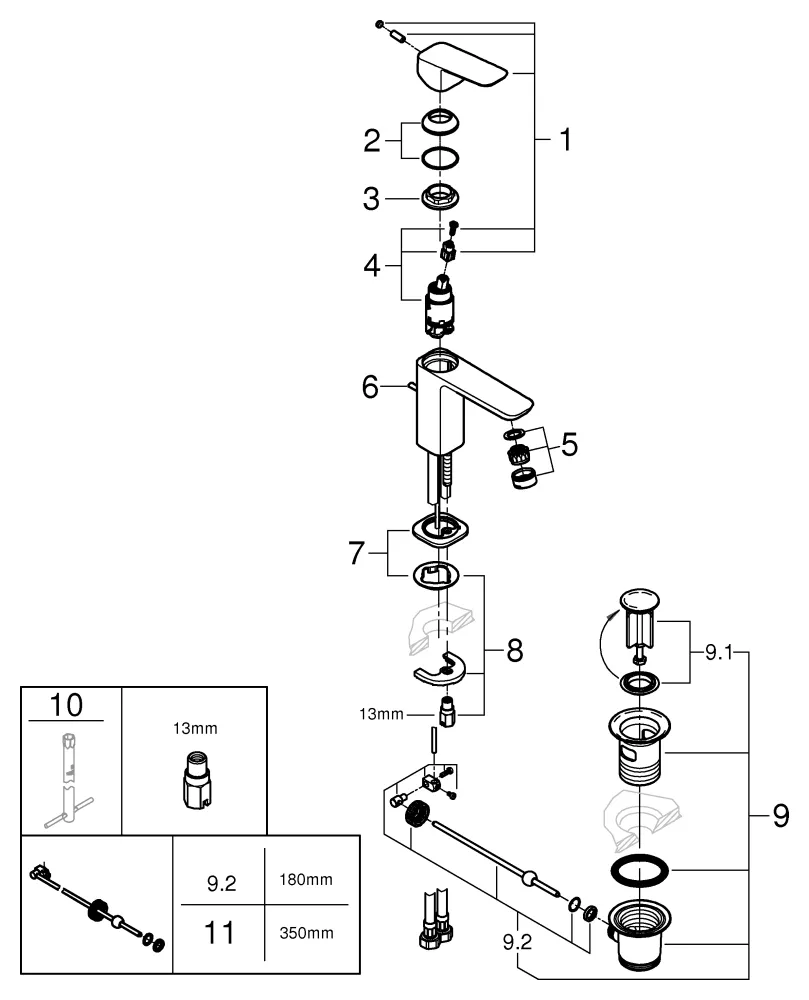 Einhand-Waschtischbatterie Cubeo 101730, S-Size, Mittelstellung kalt Zugstangen-Ablaufgarnitur