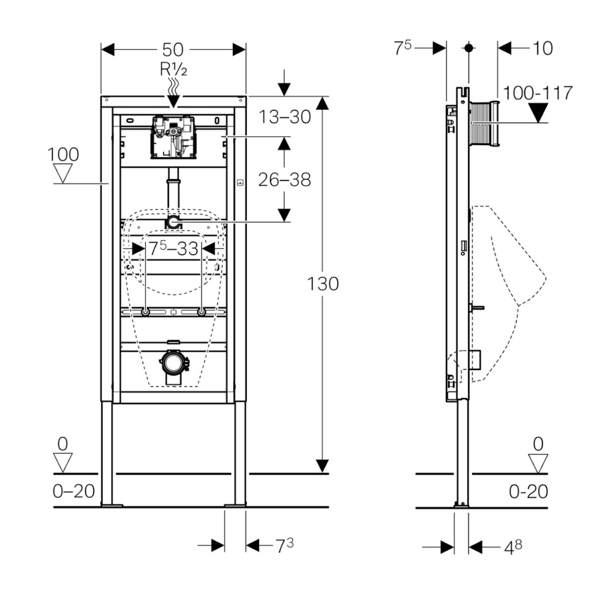 Set Urinal 32 × 56 × 29 cm mit Geberit Urinalsteuerung mit pneumatischer Spülauslösung und Geberit Vorwand-/Einbauelement für Urinal „DuofixBasic“ 130 × 50 × 75 cm