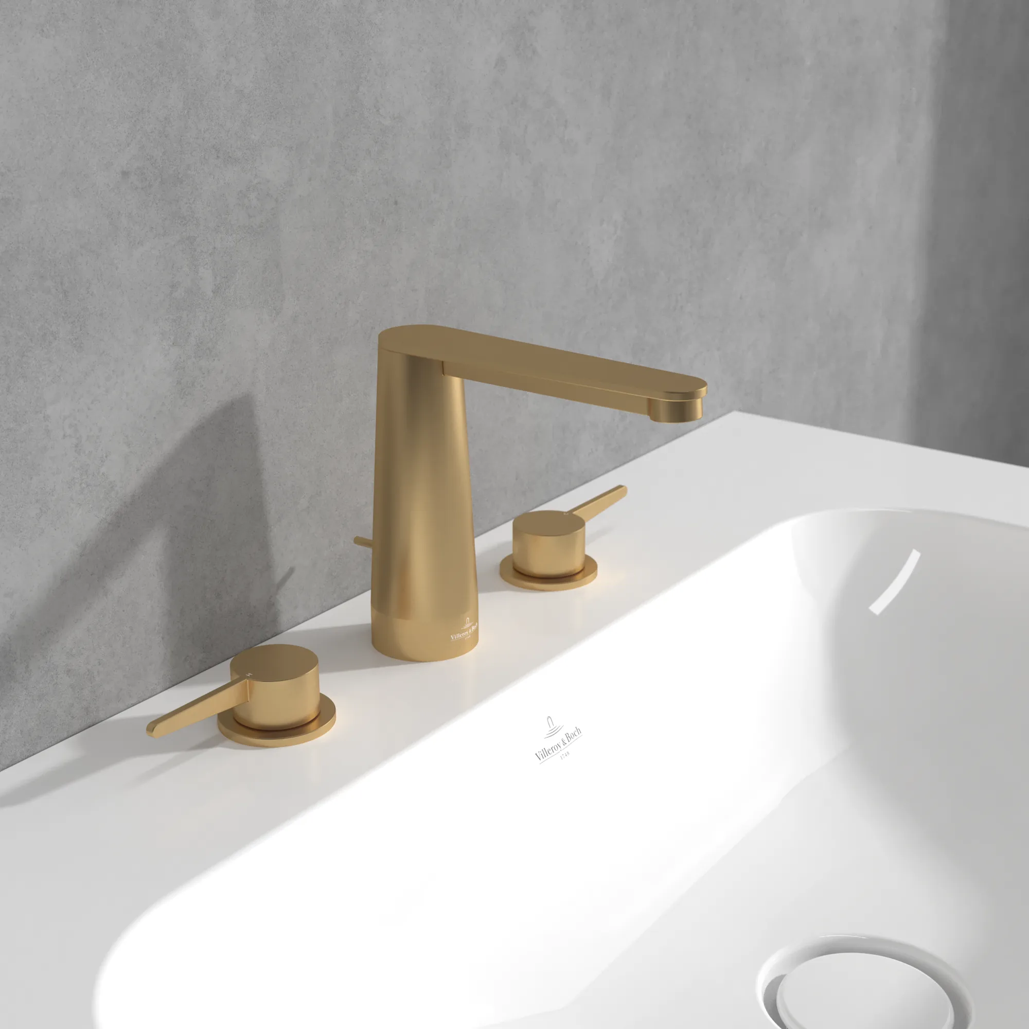 Villeroy & Boch Conum Dreiloch-Waschtischarmatur, Brushed Gold, 440x165x144mm, Keramikkartusche, Laminarstrahl, SmartPressure