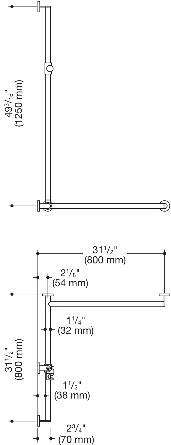 Duschhdl.,d:32/32,re,A1=1250mm, W1/2=800mm, plvb weiß tiefmatt/wem