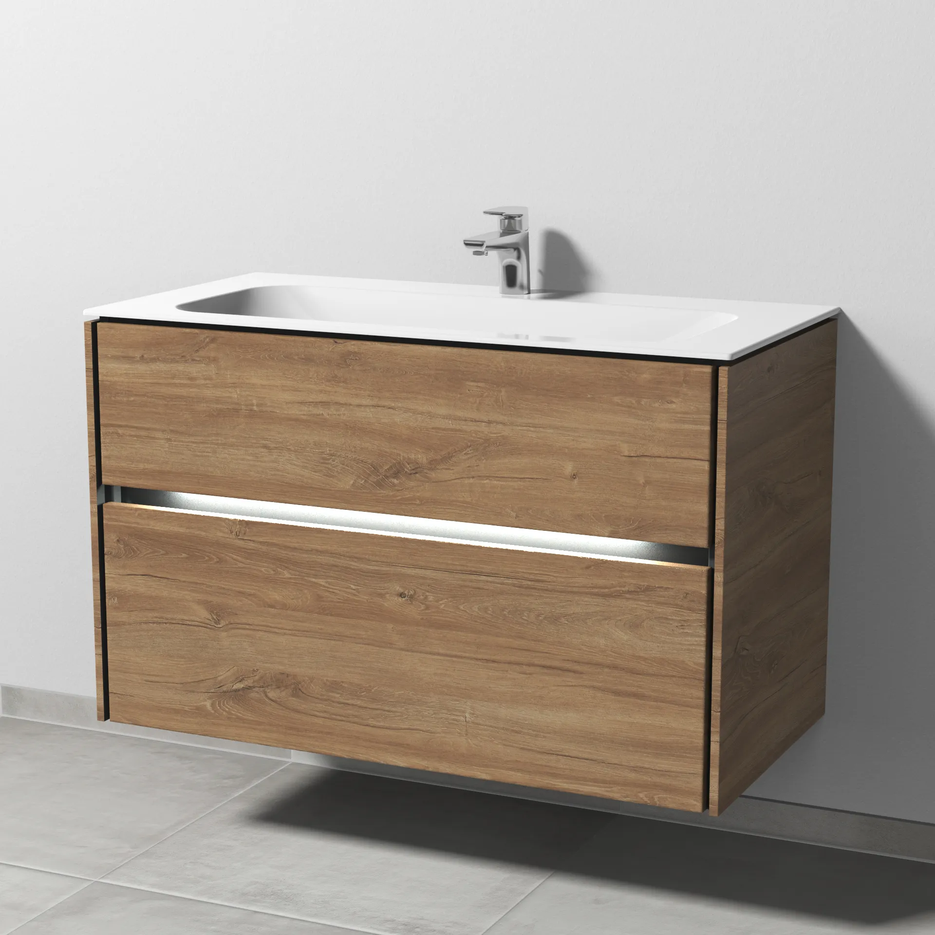 Keramik-Waschtisch-Set mit Waschtischunterschrank „Twiga“ 99 × 50 × 61 cm in Eiche Kansas, mit Beleuchtung, mit Hahnlochbohrung Keramik-Waschtisch-Set mit Waschtischunterschrank „Twiga“ 99 × 50 × 61 cm in Eiche Kansas, mit Beleuchtung, mit Hahnlochbohrung