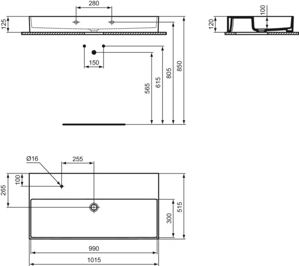 Waschbecken „Solos“ 101,5 × 51,5 × 12,5 cm, Hahnlochposition links in Weiß Waschbecken „Solos“ 101,5 × 51,5 × 12,5 cm, Hahnlochposition links in Weiß