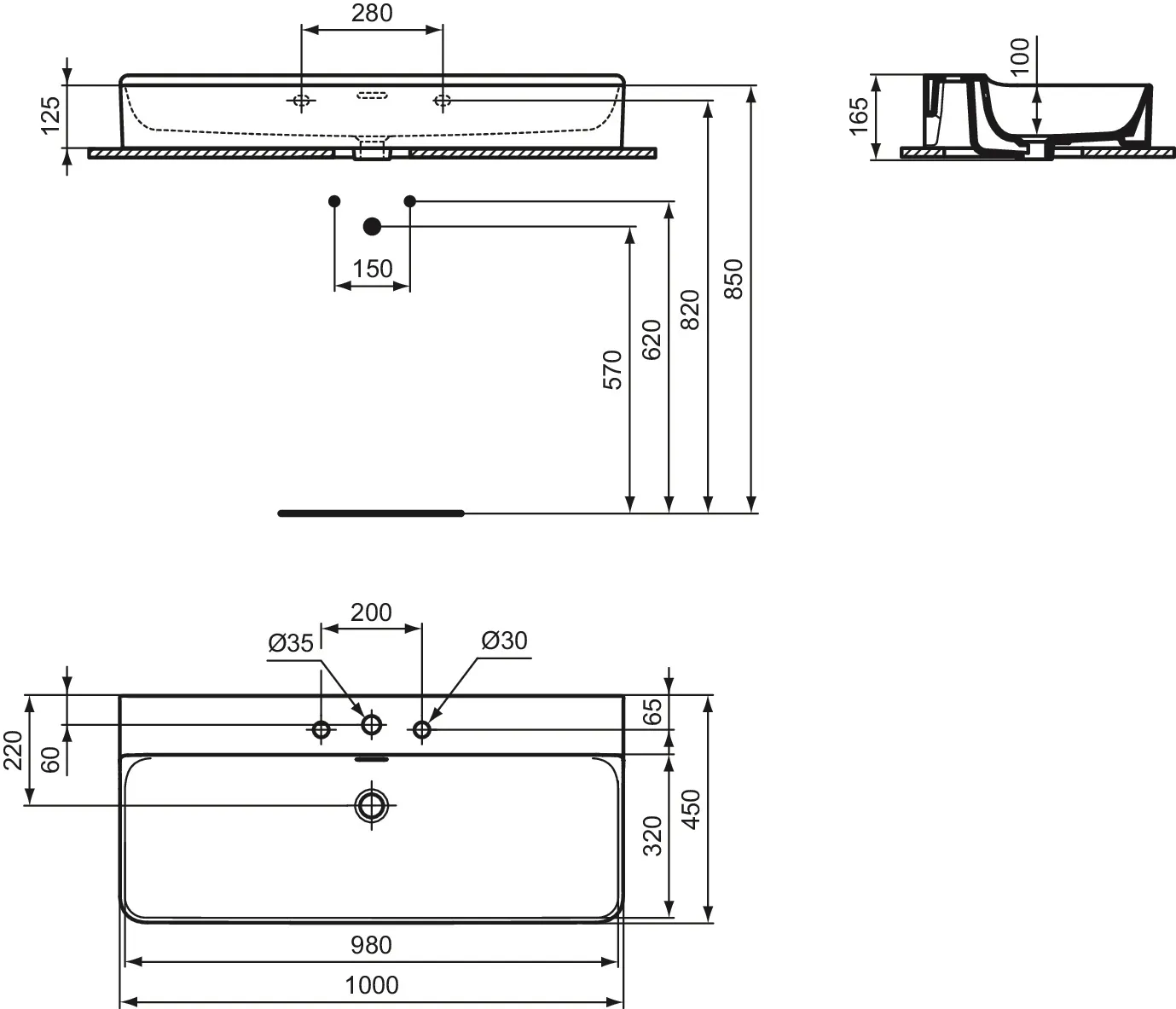 Ideal Standard Conca Waschtisch, 3 Hahnlöcher, weiß mit IdealPlus, 1000x450x165 mm