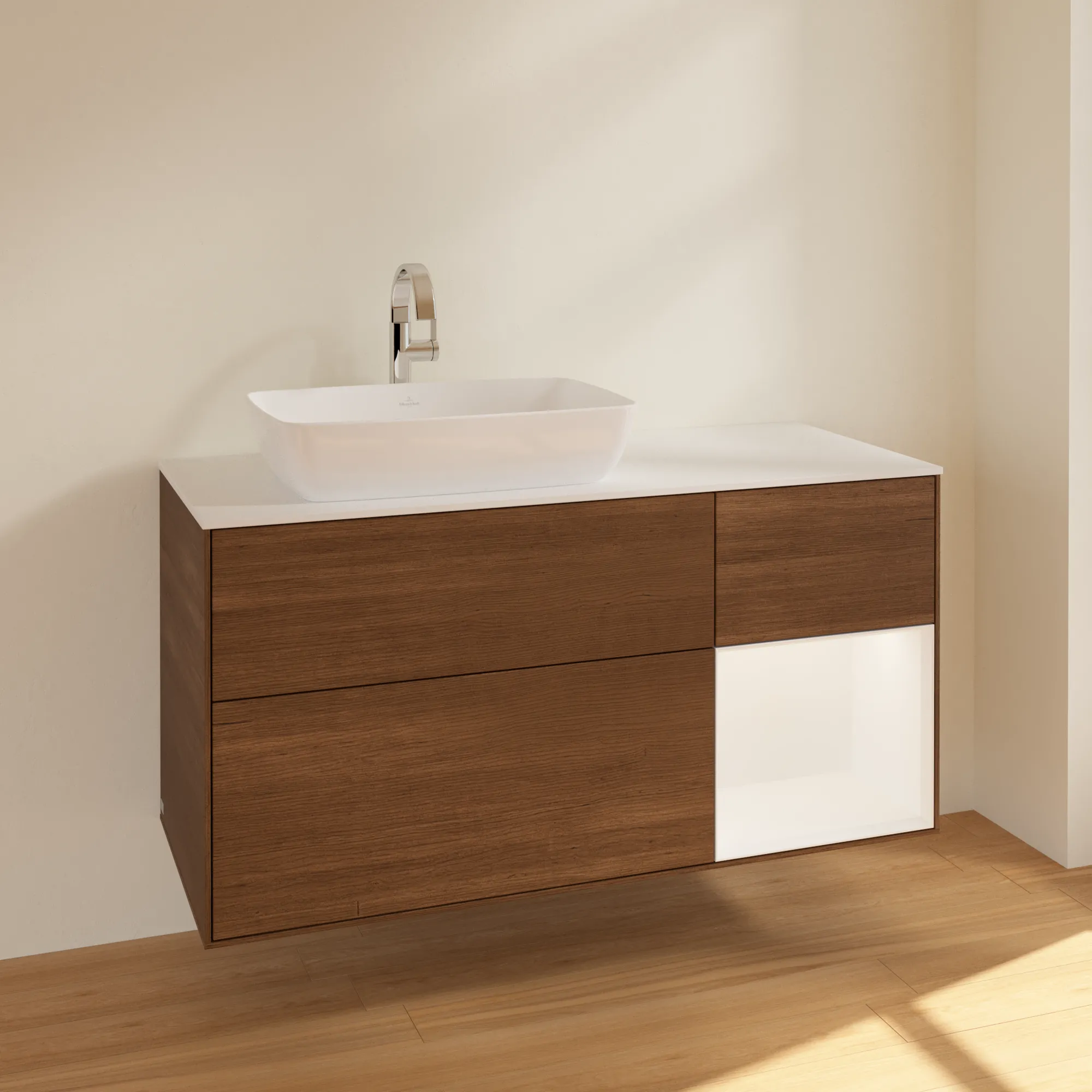 Villeroy & Boch Waschtischunterschrank „Finion“ für Schrankwaschtisch 1200 × 603 × 501 mm Walnut Veneer, für Becken links, mit Hahnlochbohrung Villeroy & Boch Waschtischunterschrank „Finion“ für Schrankwaschtisch 1200 × 603 × 501 mm Walnut Veneer, für Becken links, mit Hahnlochbohrung