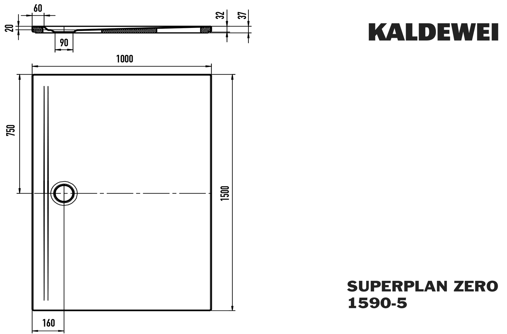 Kaldewei SUPERPLAN ZERO Duschfläche, 1000x1500 mm, warm grey 60, Perl-Effekt, 20 mm tief, seitlicher Ablauf