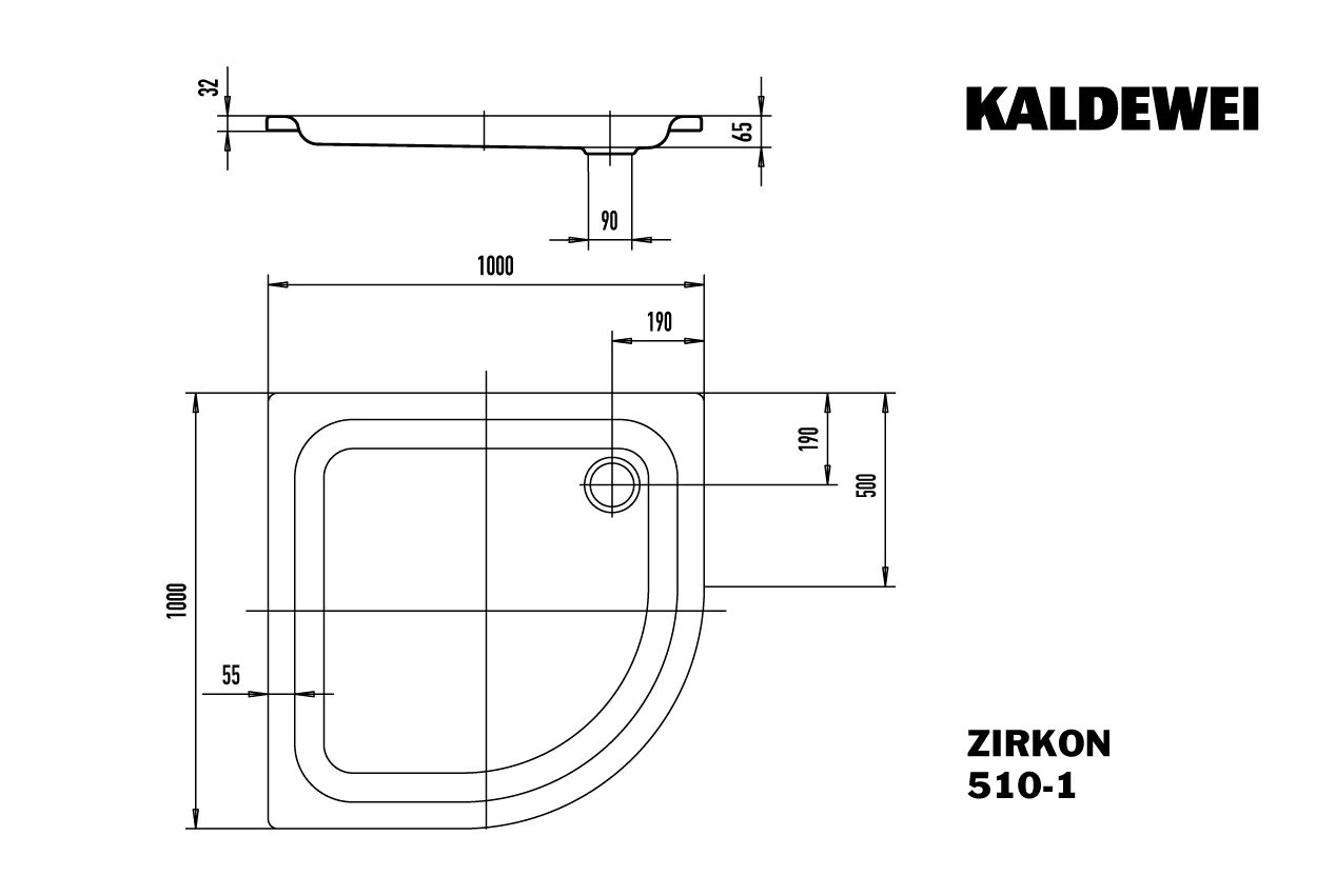 Kaldewei ZIRKON Duschfläche, alpinweiß, 1000x1000x65 mm, Viertelkreisform, erhöhter Einbau, Eckablauf