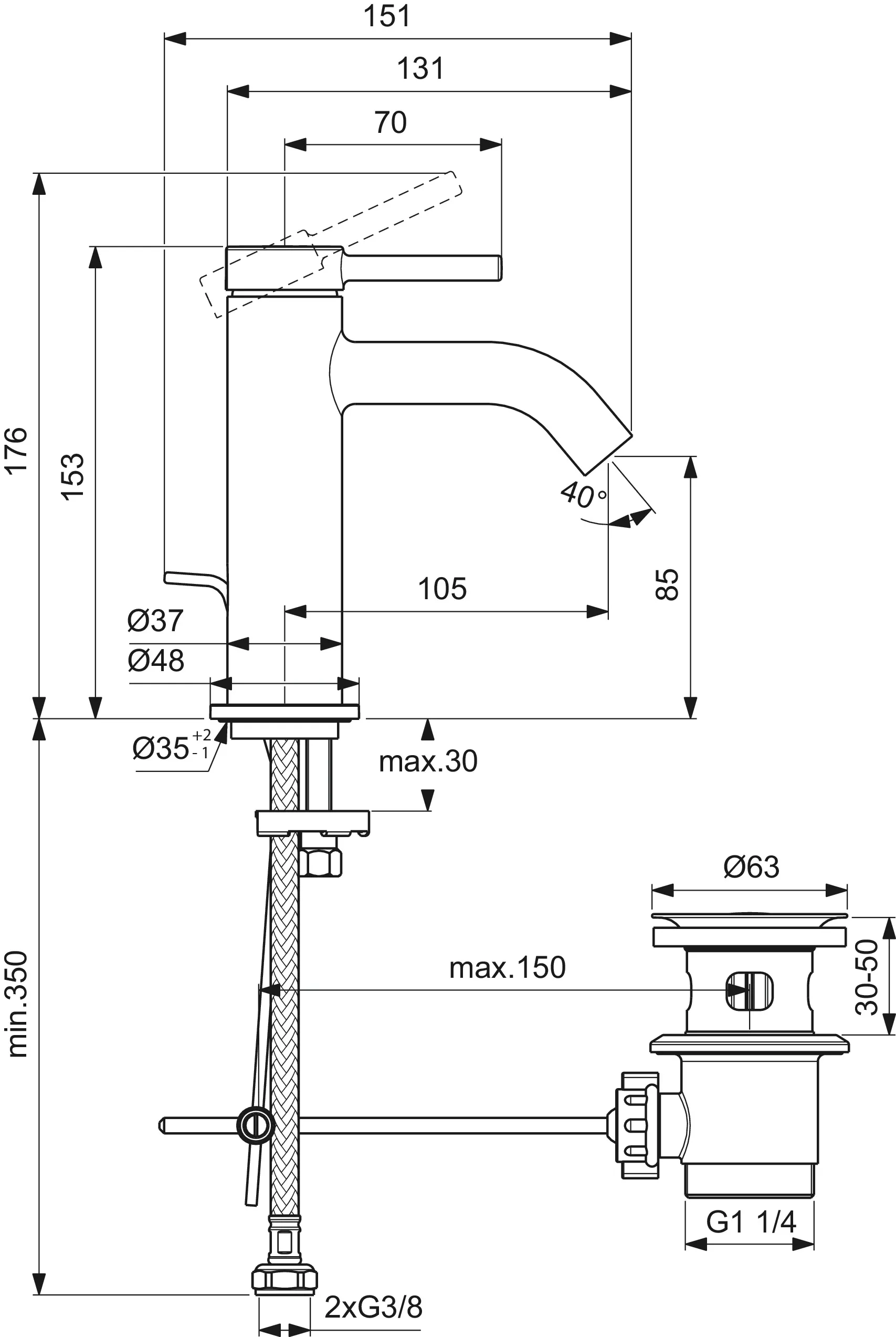 Waschtischarmatur Ceraline Nuovo Ausladung 105mm mit Ablaufgarnitur Chrom