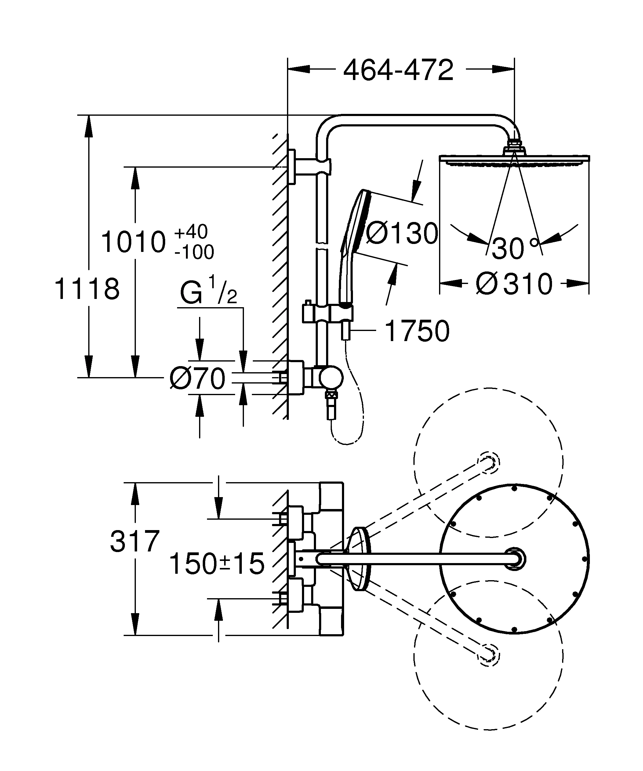 Duschsystem Rainshower SmartActive 310 27966_1, mit Aufputz-Thermostatbatterie, Wandmontage, 450 mm Duscharm, Kopfbrause 27477000, Handbrause 26544000, chrom