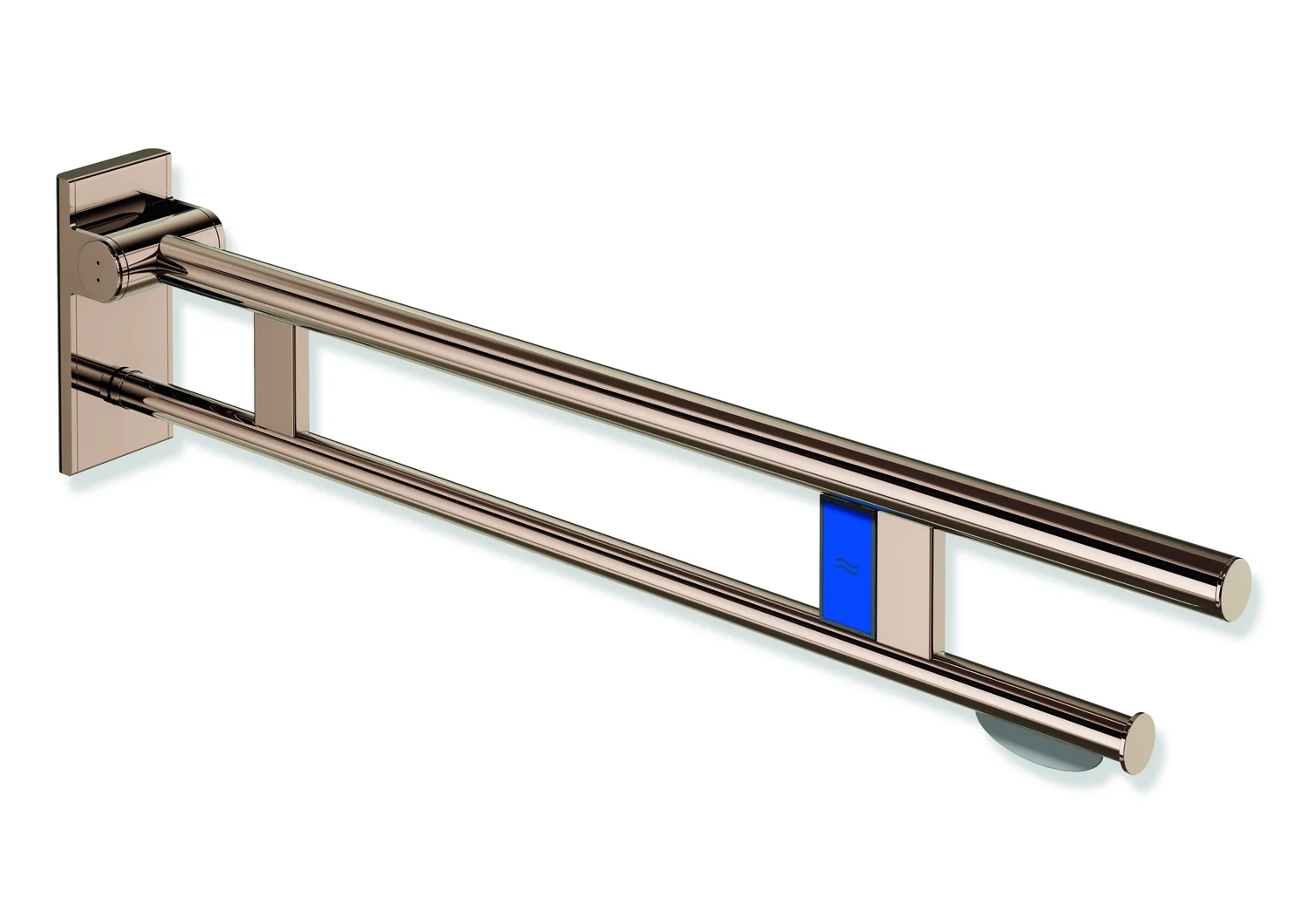HEWI Stützklappgriff Duo System 900, links, PVD Kupfer glänzend, Ausladung 900 mm, mit WC-Papierhalter und Funk-Spülauslösung
