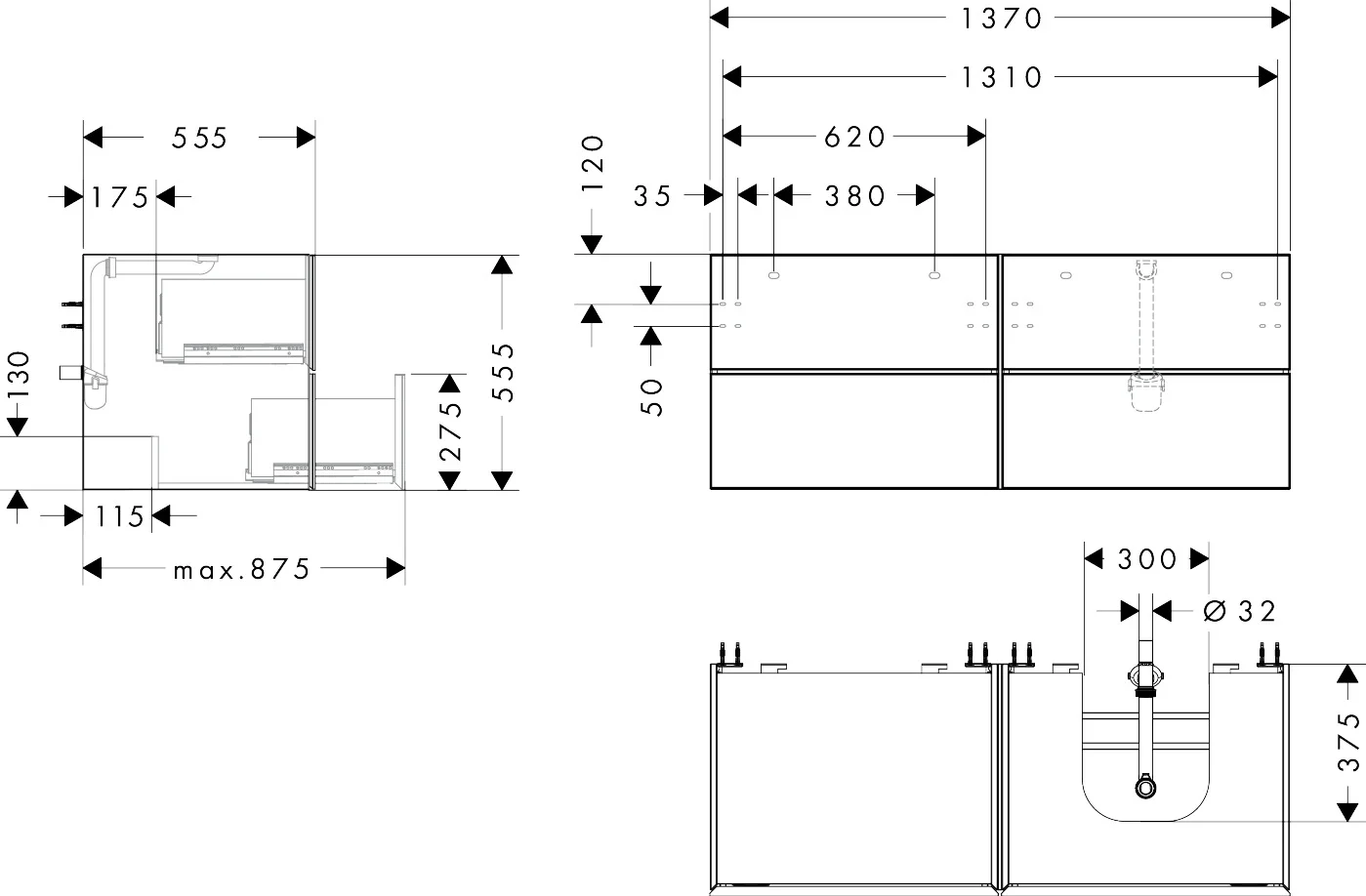 Hansgrohe Xevolos E Waschtischunterschrank Mattweiß 1370/550 mm mit 4 Schubkästen, griff- und geräuschlos, SoftClose, Wandmontage