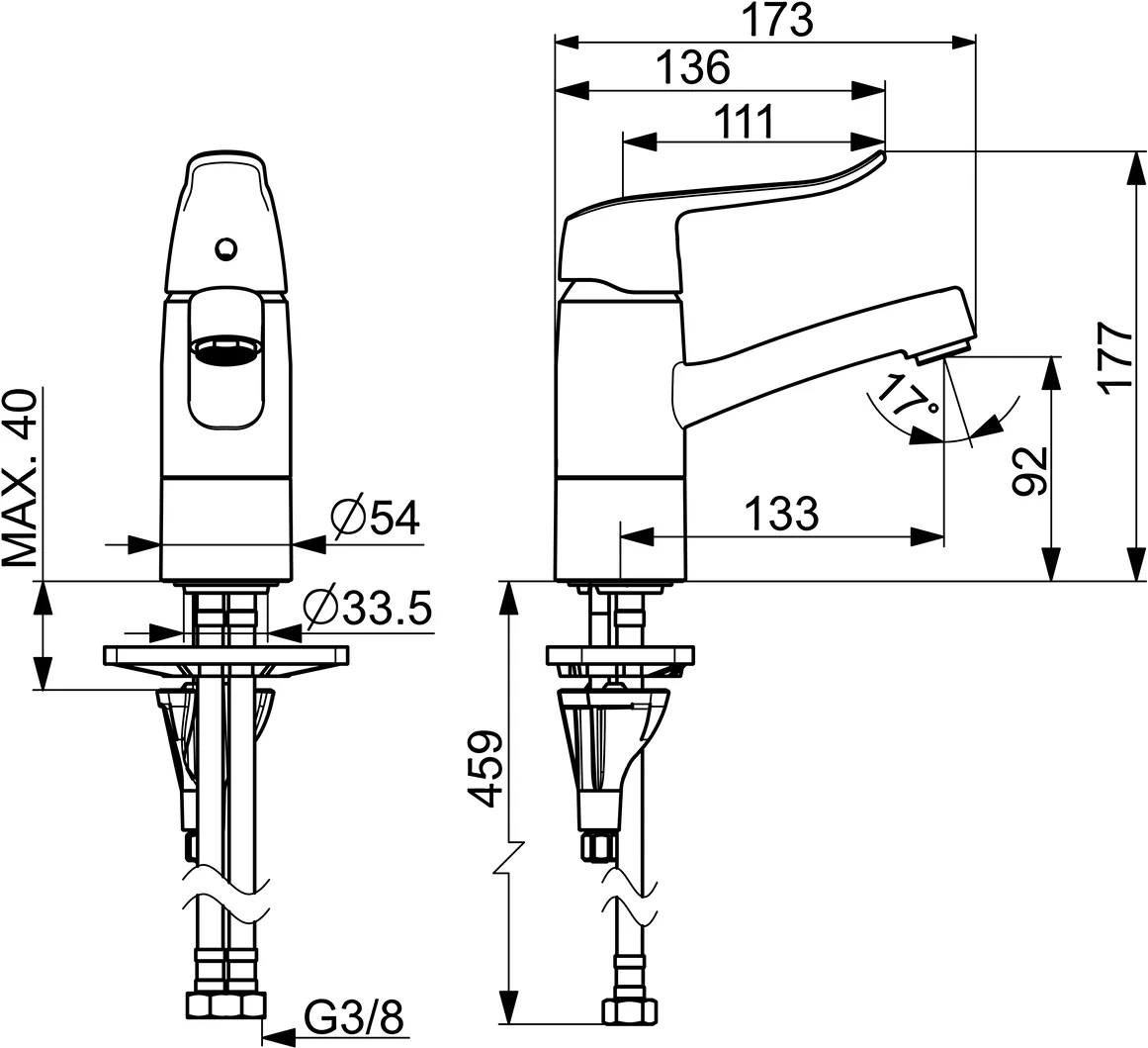 HansaCARE Einhebelmischer Waschtischbatterie HansaCARE 4615 Bedienungshebel lang Ausladung 133 mm DN15 Chrom