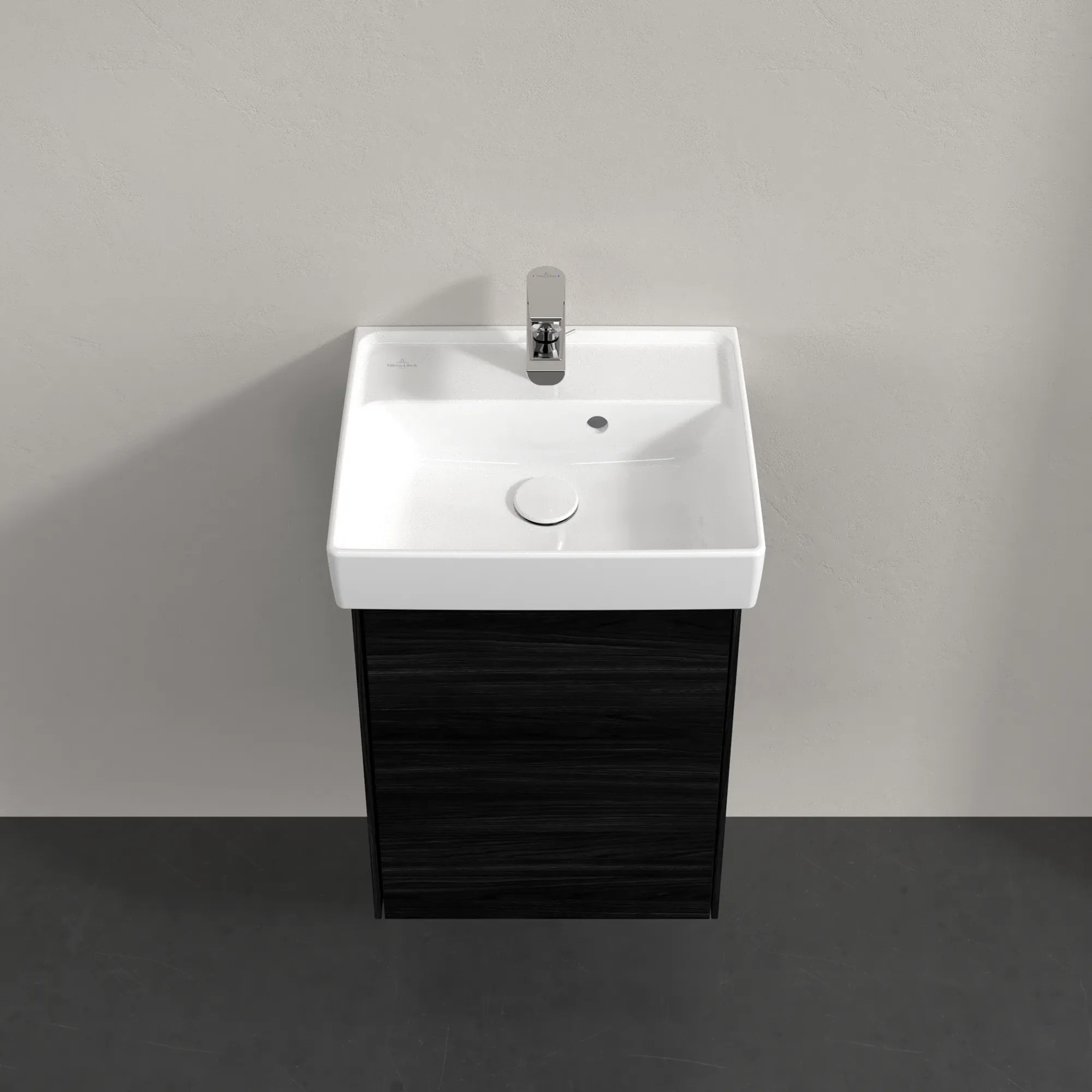 Villeroy & Boch Waschtischunterschrank mit Tür „Collaro“ 410 × 546 × 344 mm Black Oak, für Becken mittig, Anschlag rechts, ohne Beleuchtung Villeroy & Boch Waschtischunterschrank mit Tür „Collaro“ 410 × 546 × 344 mm Black Oak, für Becken mittig, Anschlag rechts, ohne Beleuchtung