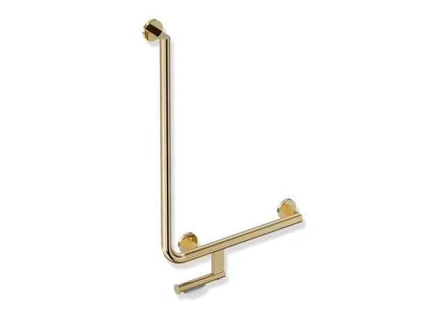 Winkelgriff mit Papierrollenhalter des Systems 900, Edelstahl, PVD, waagerechte Länge 500 mm, senkrechte Länge 750 mm, D: 32 mm, Ausführung rechts, in Farbe CK (Messing glänzend) Winkelgriff mit Papierrollenhalter des Systems 900, Edelstahl, PVD, waagerechte Länge 500 mm, senkrechte Länge 750 mm, D: 32 mm, Ausführung rechts, in Farbe CK (Messing glänzend)