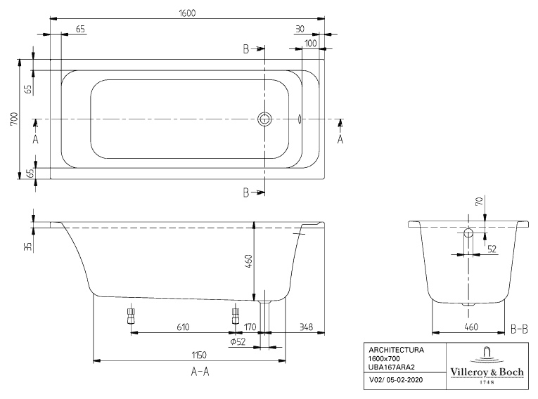 Villeroy & Boch Badewanne „Architectura“ rechteck 160 × 70 cm, rechteckig, Fußablauf 