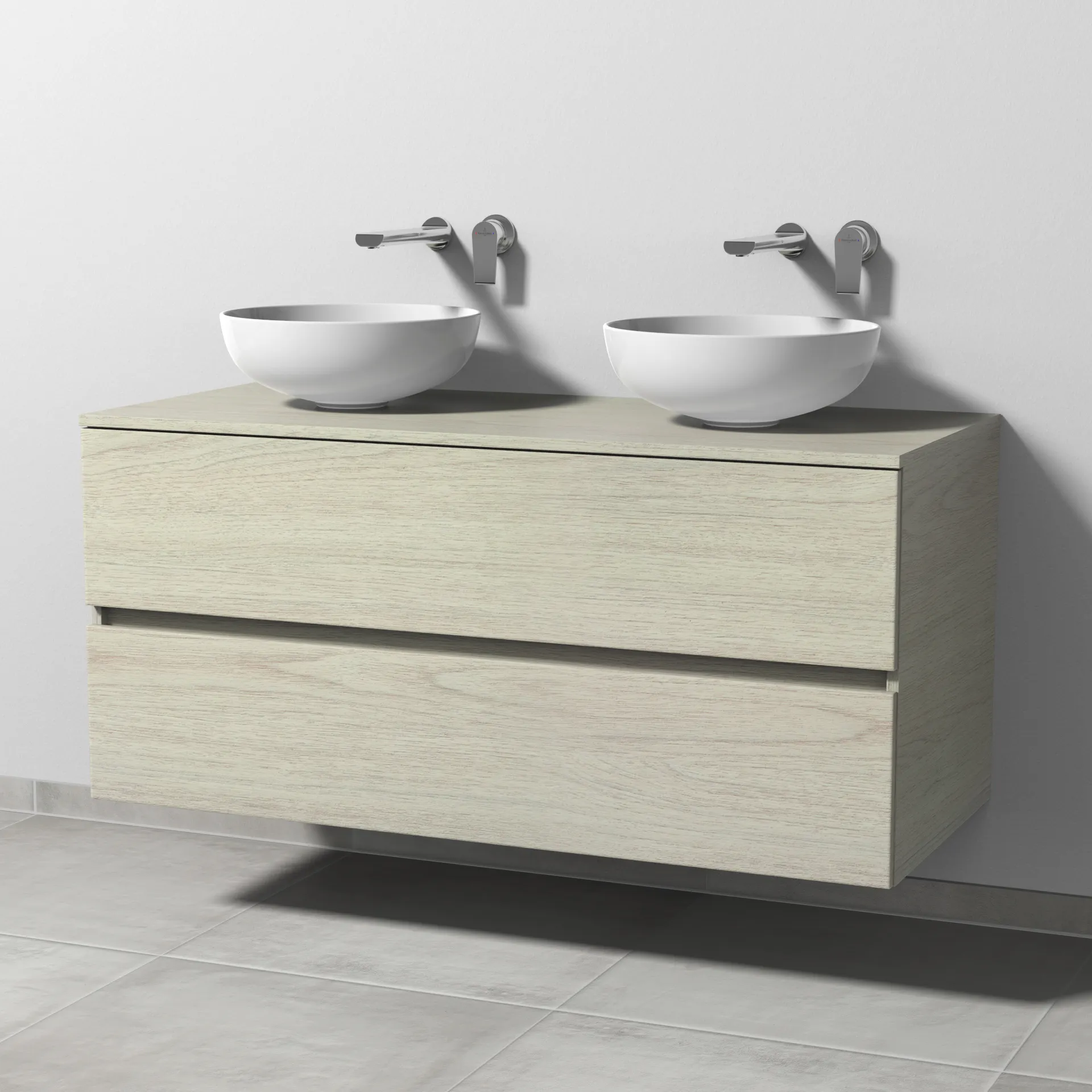 Sanipa Waschtischunterschrank „Solo One“ 1200 × 561 × 520 mm in White Oak, ohne Hahnlochbohrung, Becken links und rechts Sanipa Waschtischunterschrank „Solo One“ 1200 × 561 × 520 mm in White Oak, ohne Hahnlochbohrung, Becken links und rechts