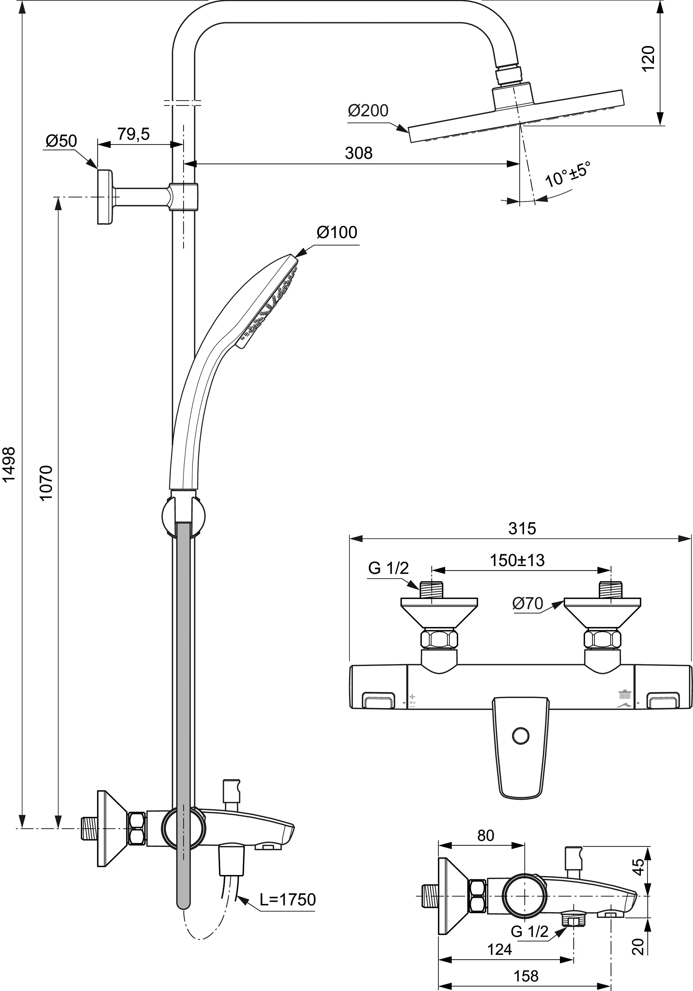 Ideal Standard Ceratherm T25 Duschsystem mit Badethermostat Chrom Ideal Standard Ceratherm T25 Duschsystem mit Badethermostat Chrom