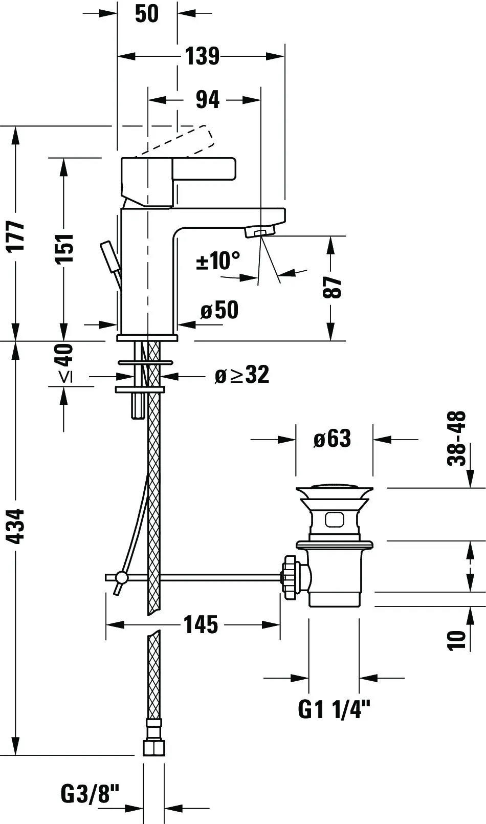 D-Neo Einhebel-Waschtischmischer S mit Zugstange, Ausladung 94mm