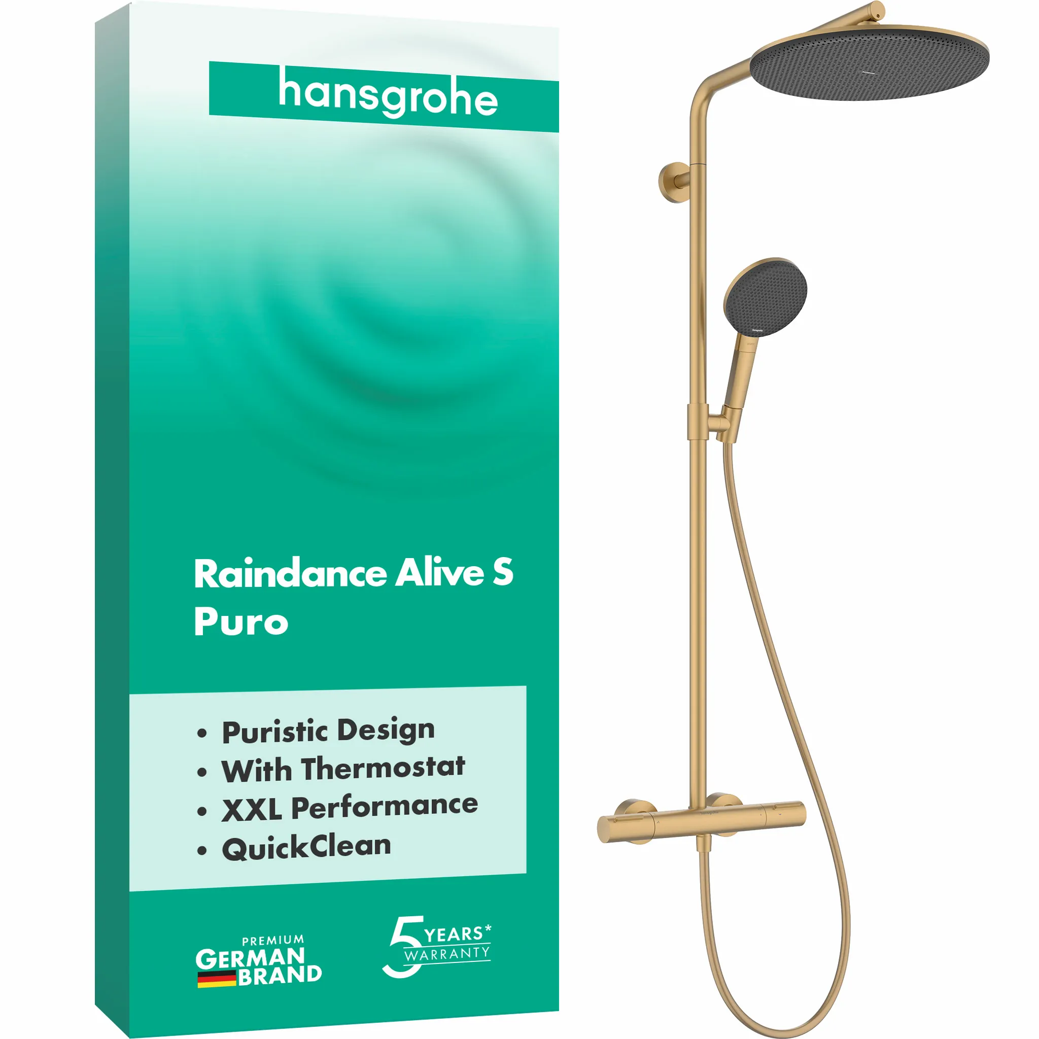 Hansgrohe Raindance Alive S Puro Showerpipe 300 1jet mit Ecostat Element BBR, Brushed Bronze, 300 mm Brausekopfgröße, Aufputzinstallation, DN15 Anschluss